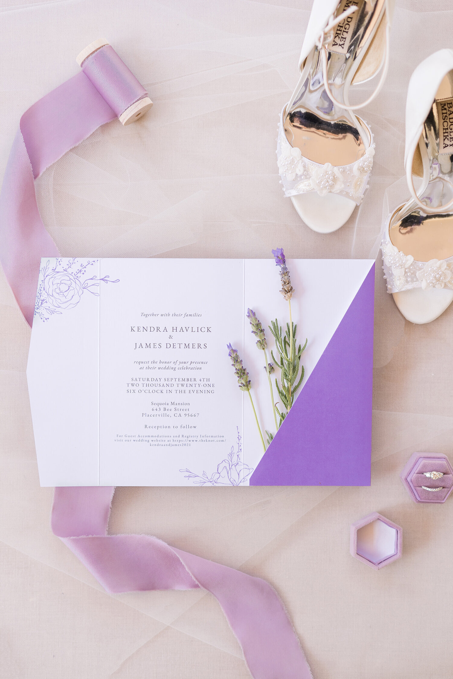 bridal details and wedding invitation at a sequoia mansion placerville wedding