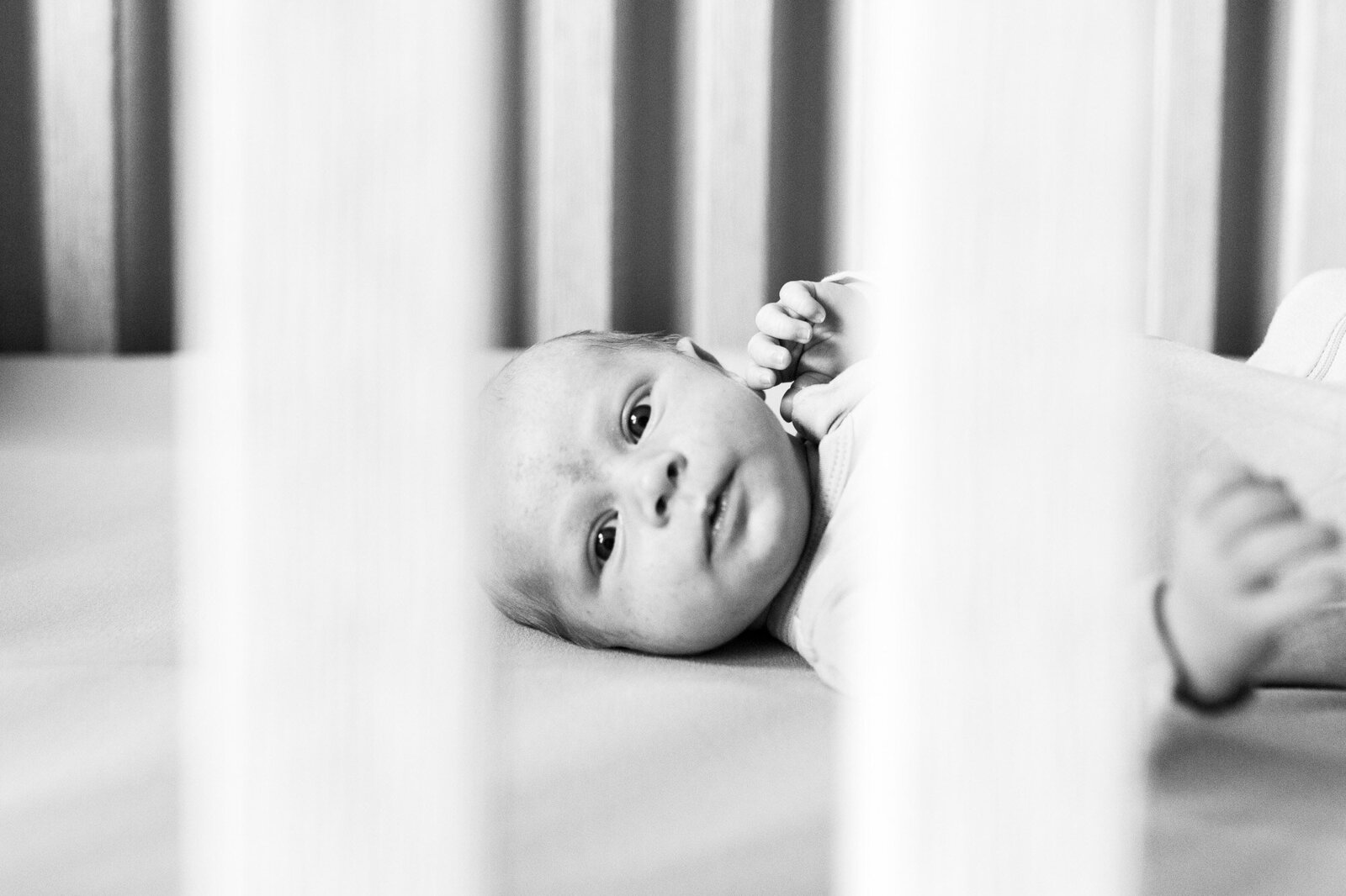 Monochrome image of newborn baby between crib slats.
