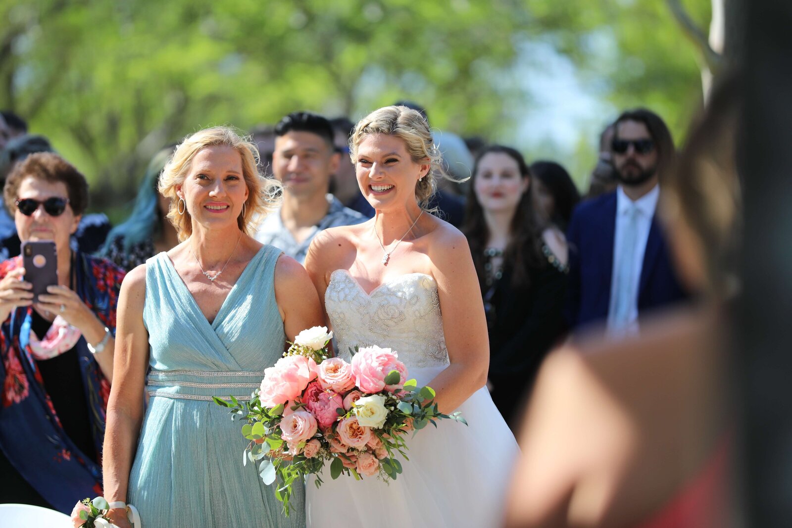 Newport Beach Wedding Photographer mother of the bride walking with bride down aisle to ceremony