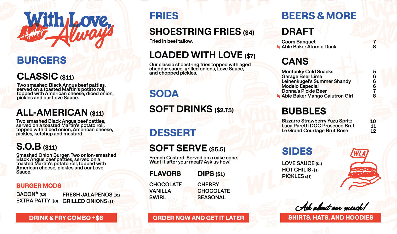 Full menu from With Love, Always featuring smashburgers, beef tallow fries, soft serve, craft beer, and sides available in Las Vegas

