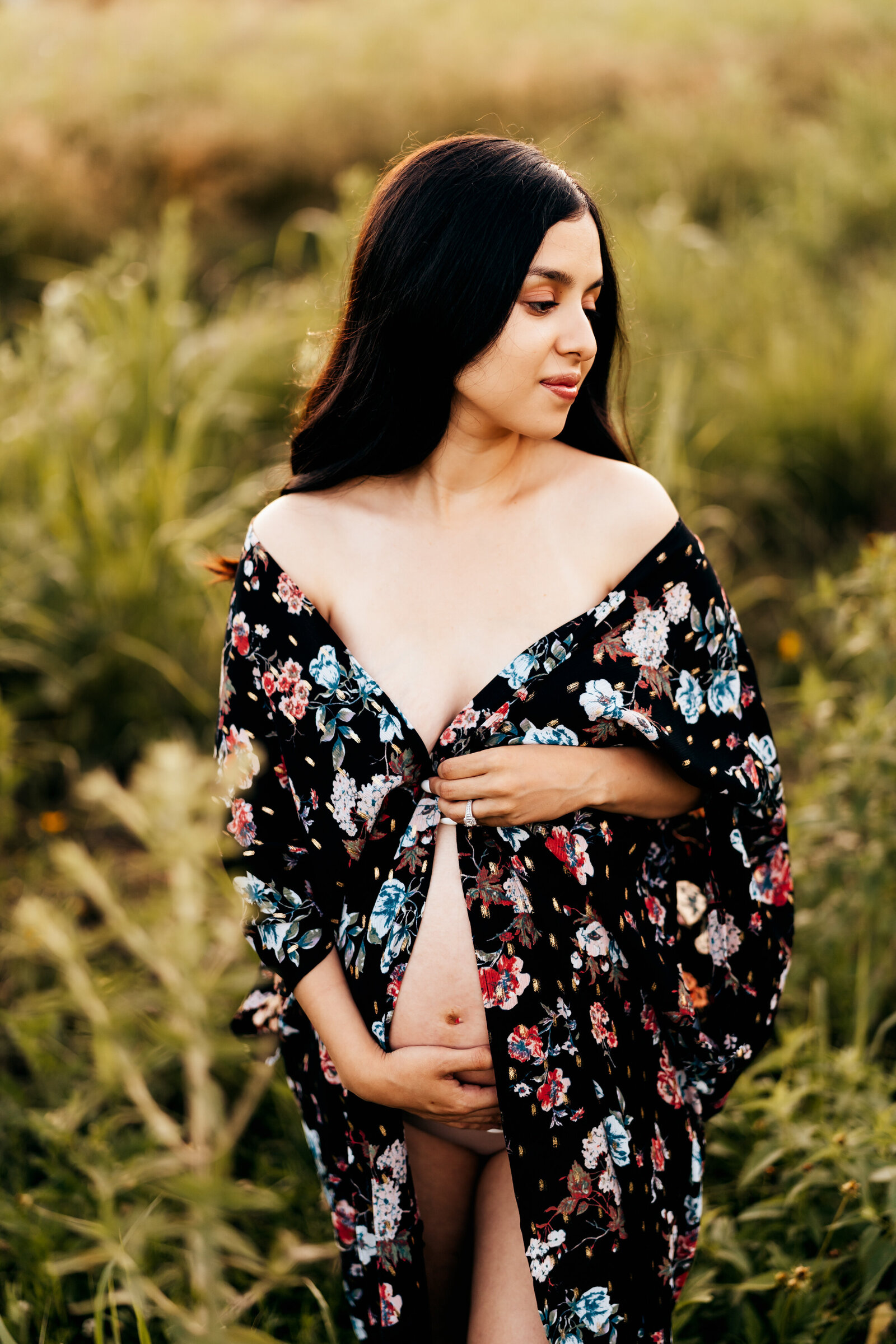 pregnant mom in a floral kimono