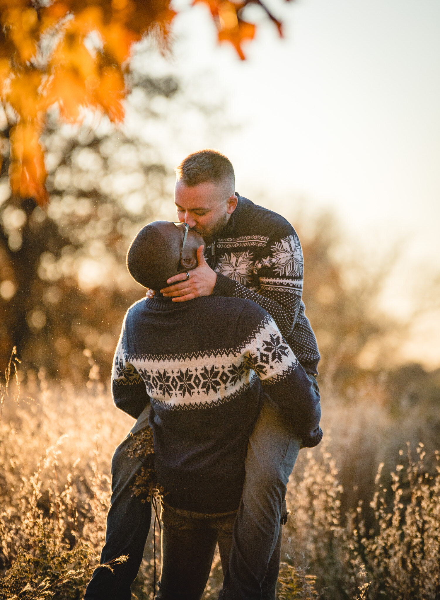 two men kissing for New England engagement photos