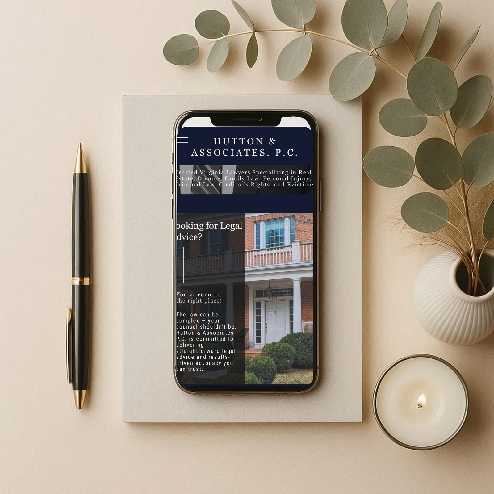 AI-generated cellphone displaying the mobile version of the Project 2 home page featuring a full-width background image of the law firm, showcasing a modern, responsive web design by Taylor Reichart