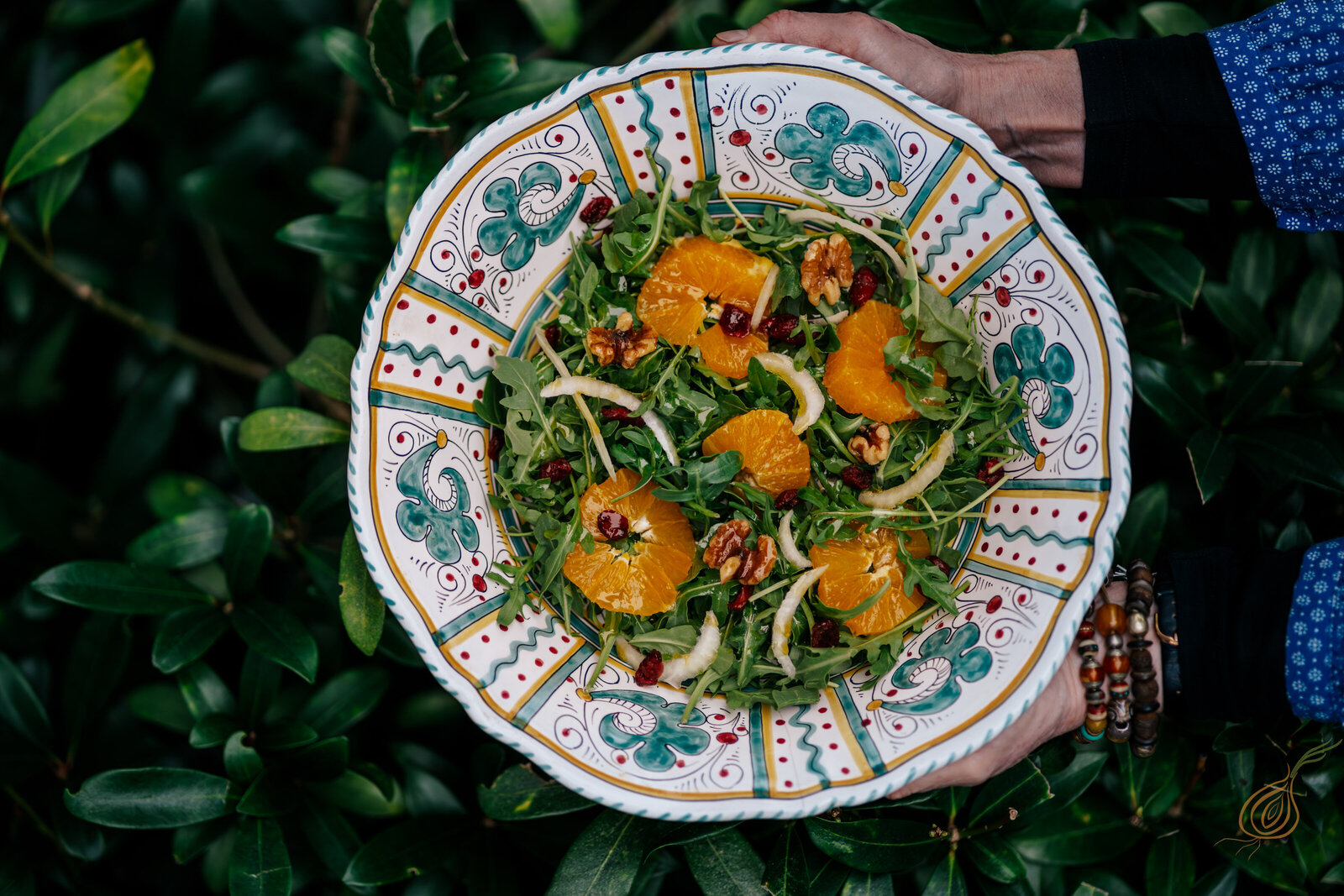 A person holding a plate filled with a vibrant salad of oranges and nuts, showcasing a colorful and healthy dish.