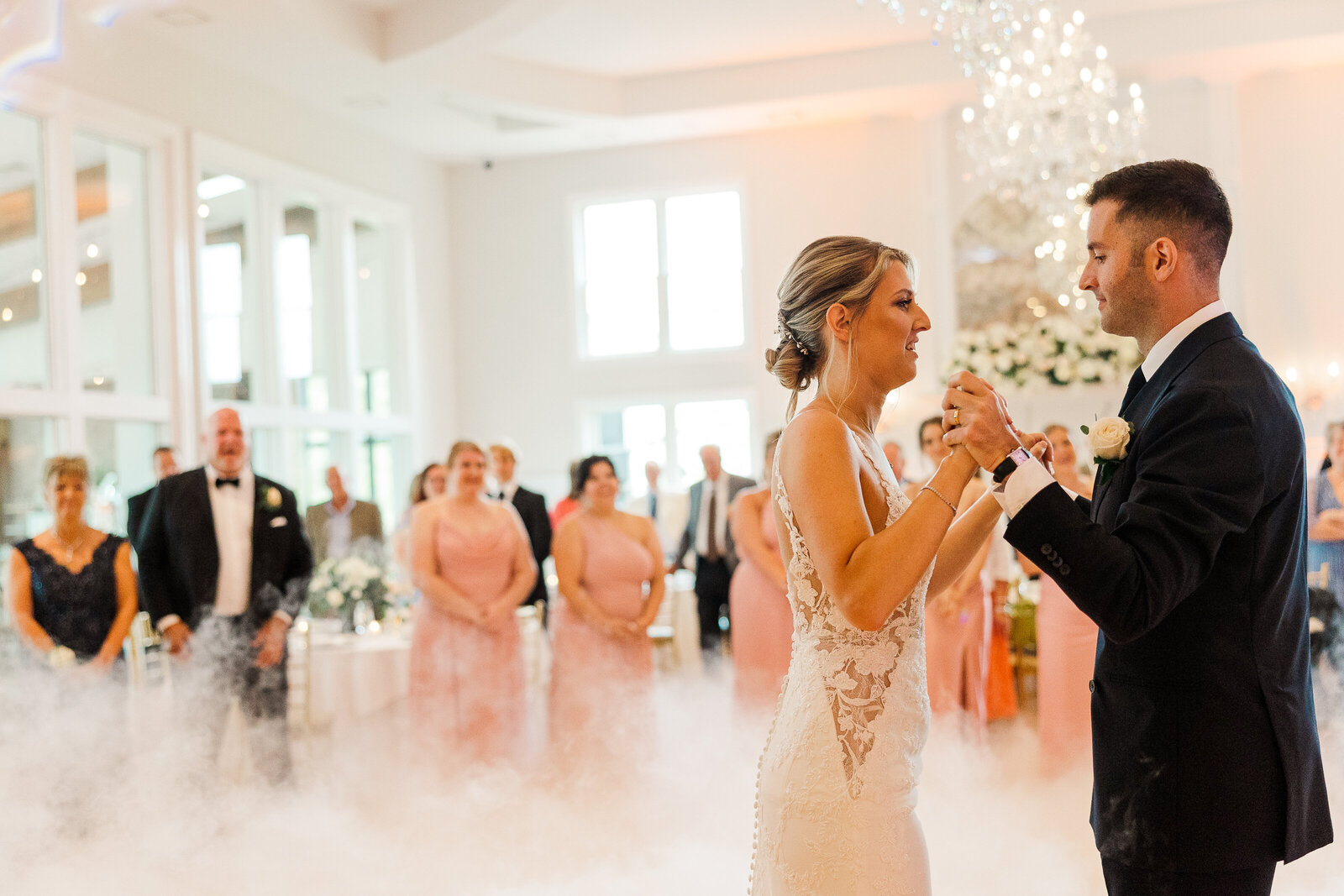 Bride and groom share a romantic waltz during their first dance at SkyView Golf Club