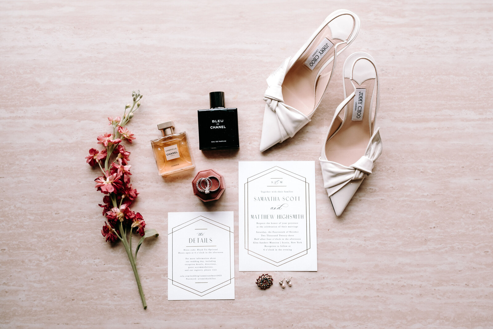 Upstate New York Weddings flat lay with shoes and invitation