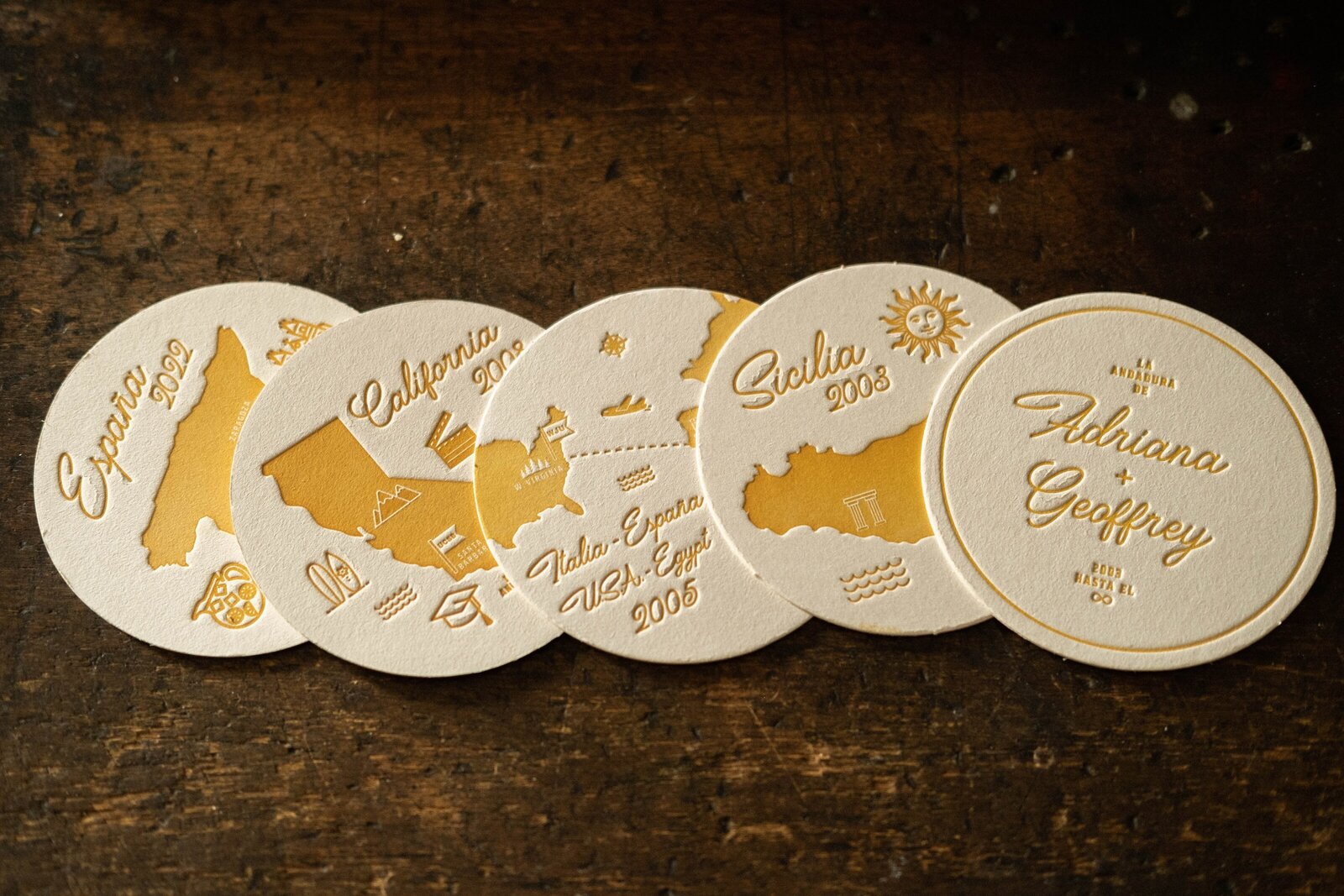save the date milestone coaster set letterpress printed in golden yellow for a wedding in Spain