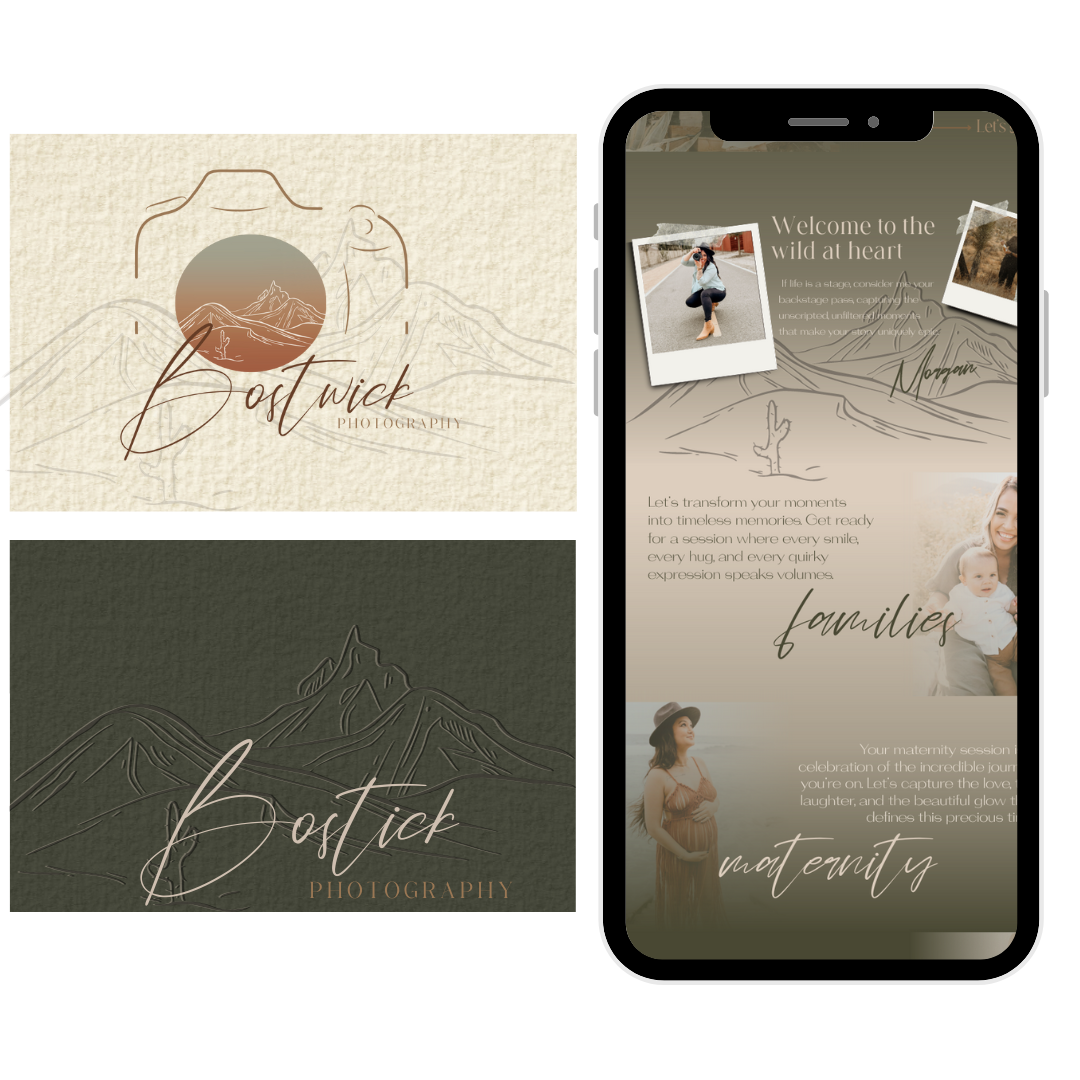 Branding images and a mobile site for Bostwick Photography, crafted by a marketing expert for creatives, featuring nature, families, and maternity themes.