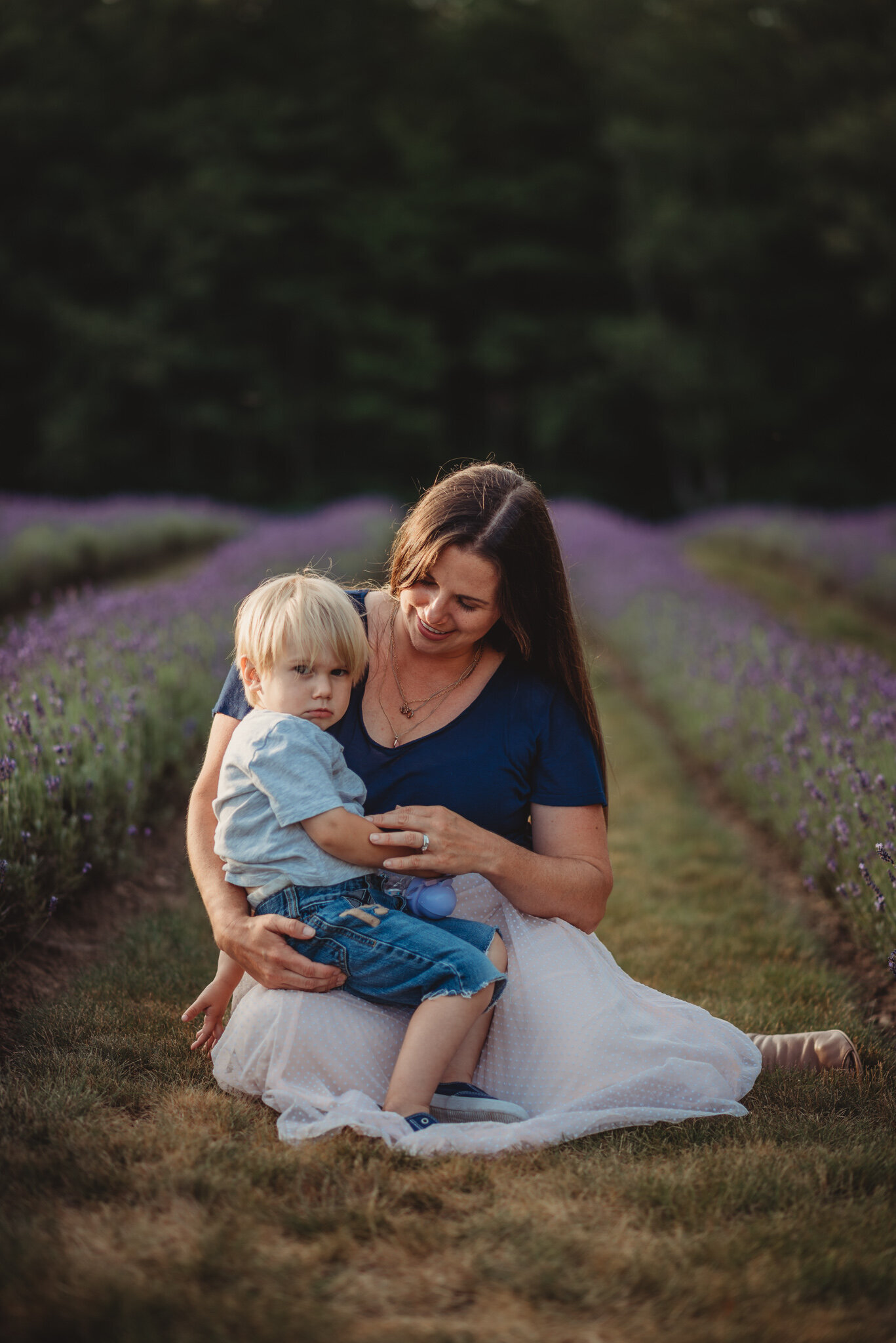 Mother holding her young son at Laveanne Lavender