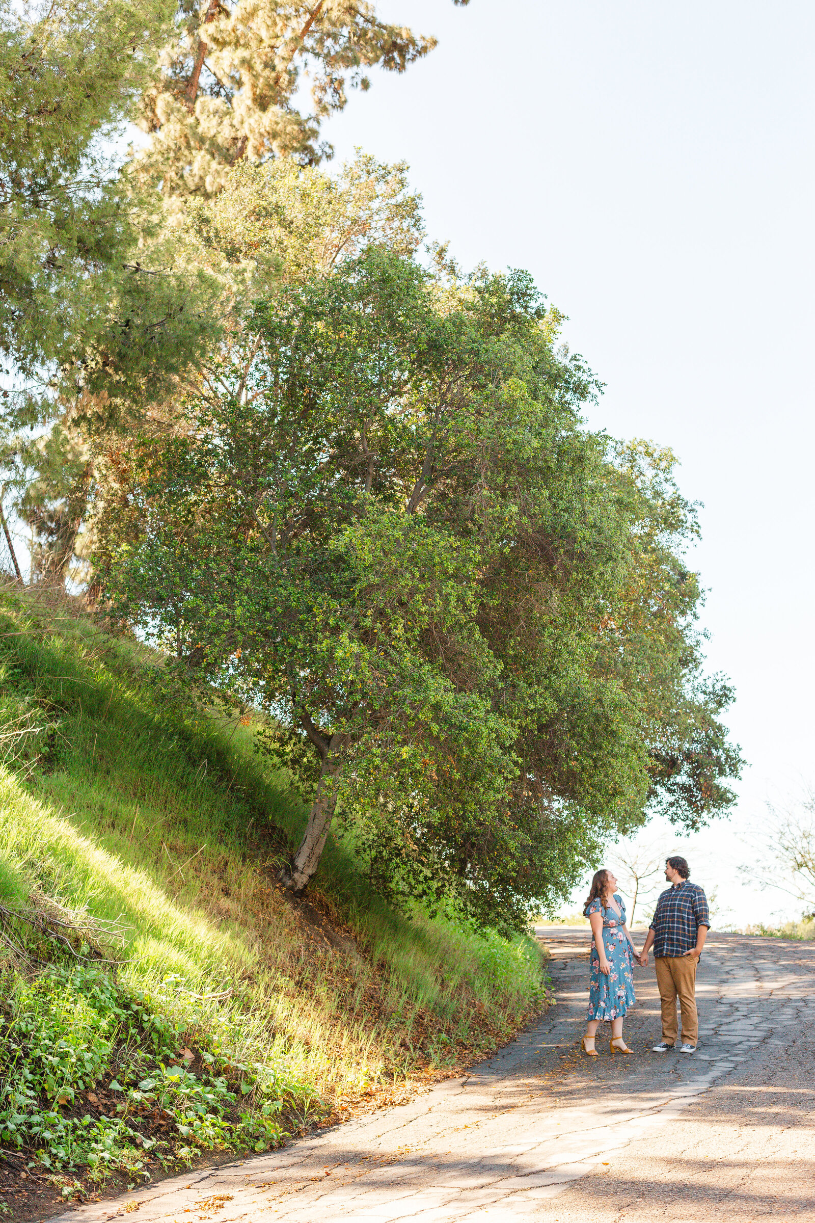 An engaged couple poses for photos in a garden in Los Angeles, Ca.