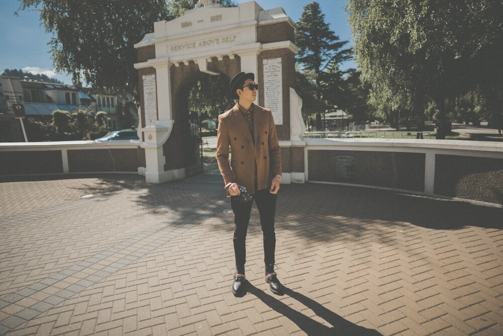 Prescott of 3N7LOVE photographed by the Memorial Gates in downtown Queenstown.