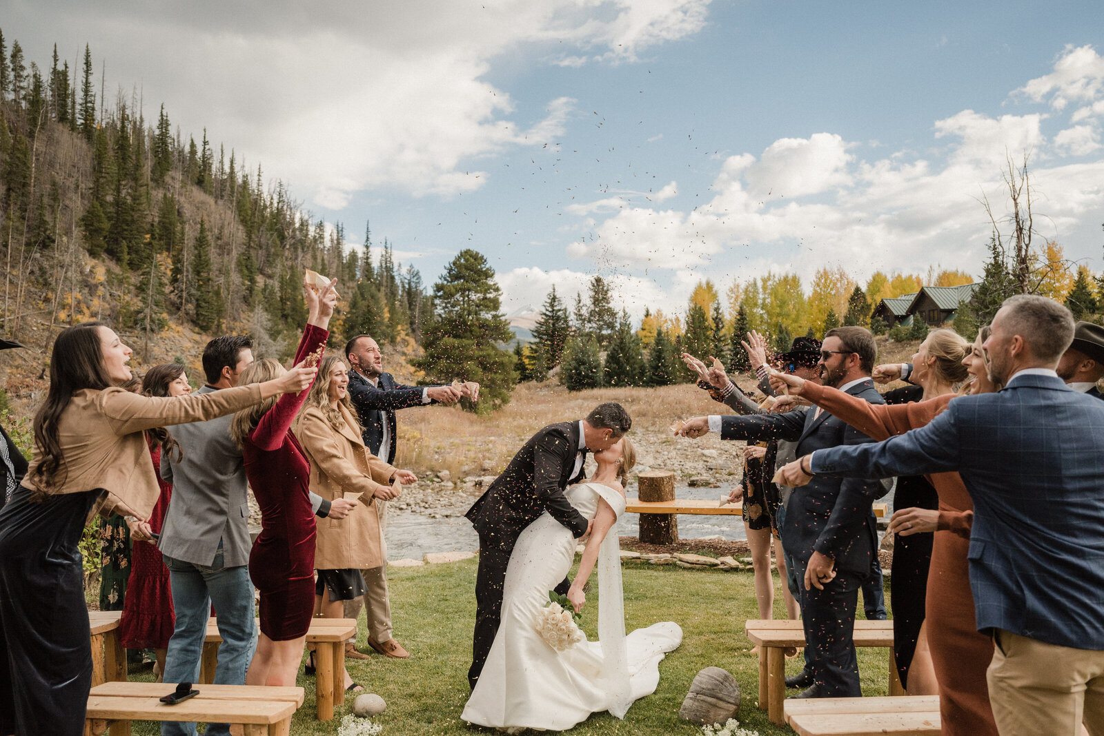 Bride and groom share their first kiss at their micro intimate elopement wedding in Breckenridge, Colorado