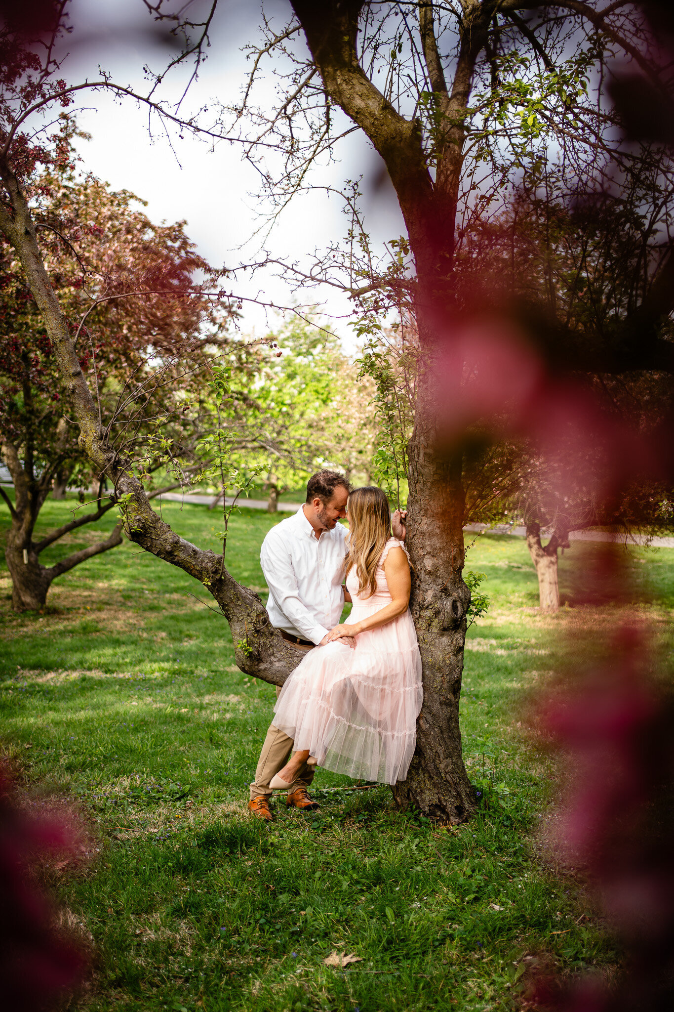 engagement photos at waterworks park Des Moines Iowa crab apple trees cherry blossom trees