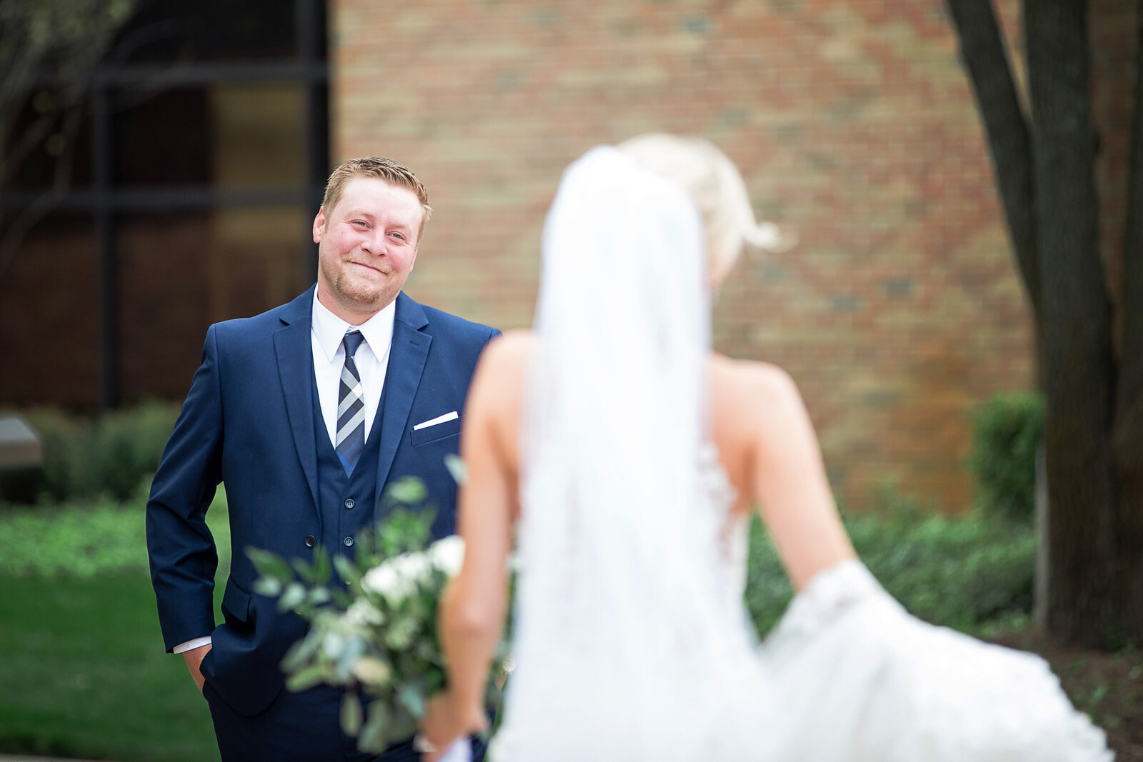 Couple having first look on their wedding day