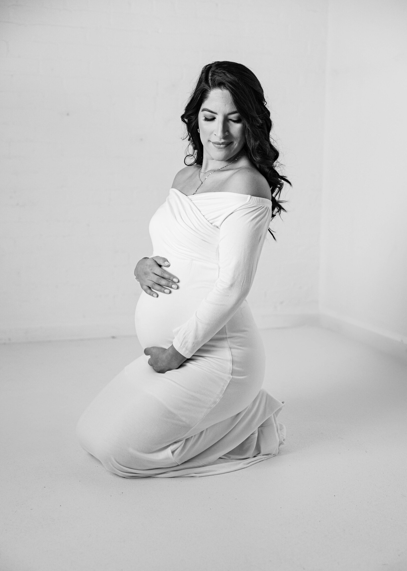 Garden City Studio Maternity Session in black and white. White Maternity Session