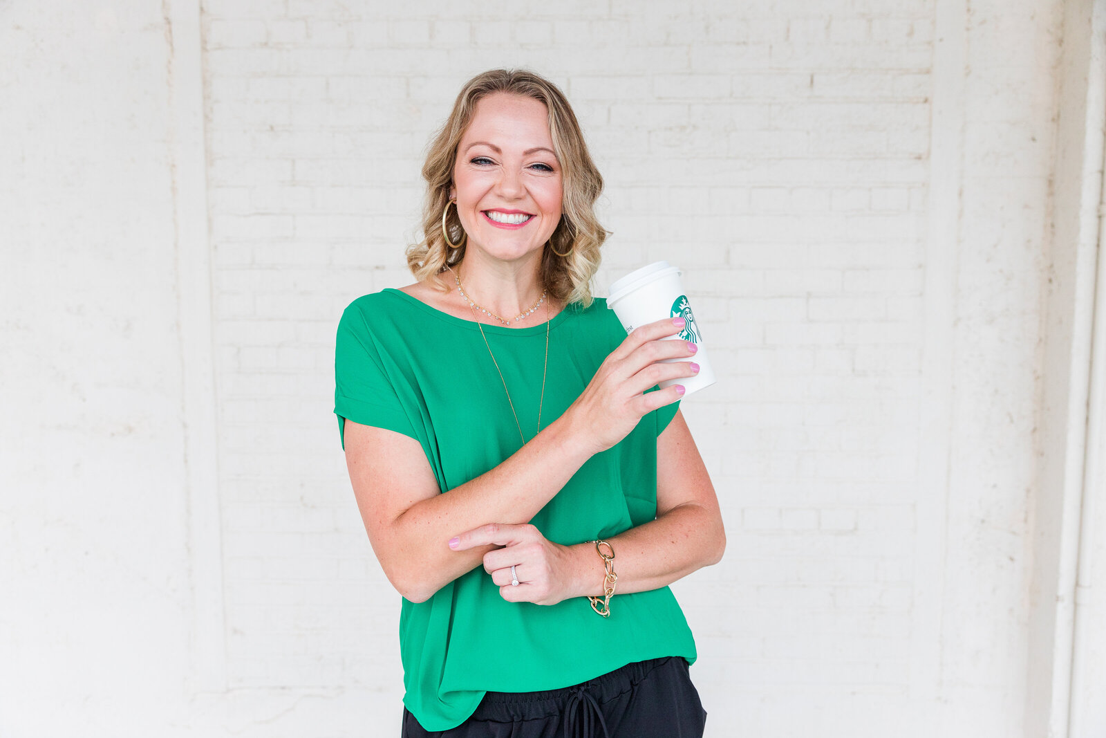 Winston Salem Realtor Christine Bresky Mitchell Prime Properties Brand Photoshoot Innovation Quarter Green Blouse Starbucks Coffee Cup