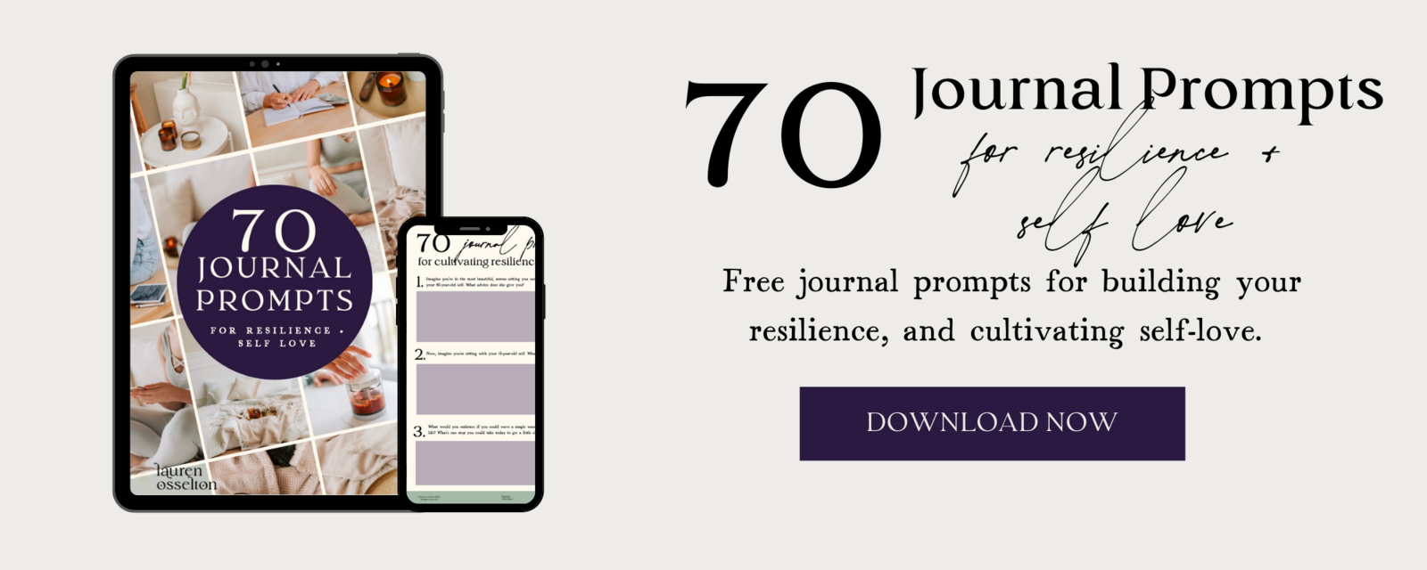 Banner for 70 Journal Prompts for resilience + Self love freebie
