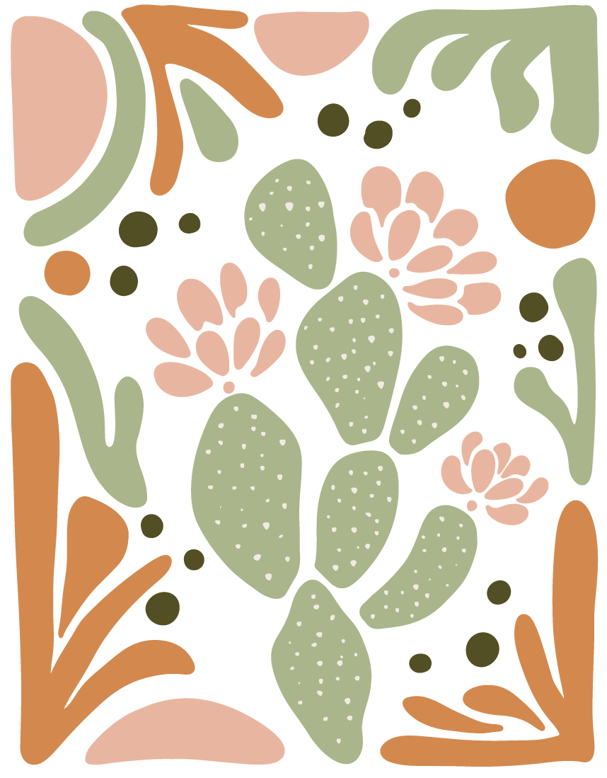 A series of intricate botanical illustrations in soft green, peach, and white tones. These decorative patterns reflect the natural, organic essence of the Herbalista Love brand, highlighting its connection to nature and wellness.
