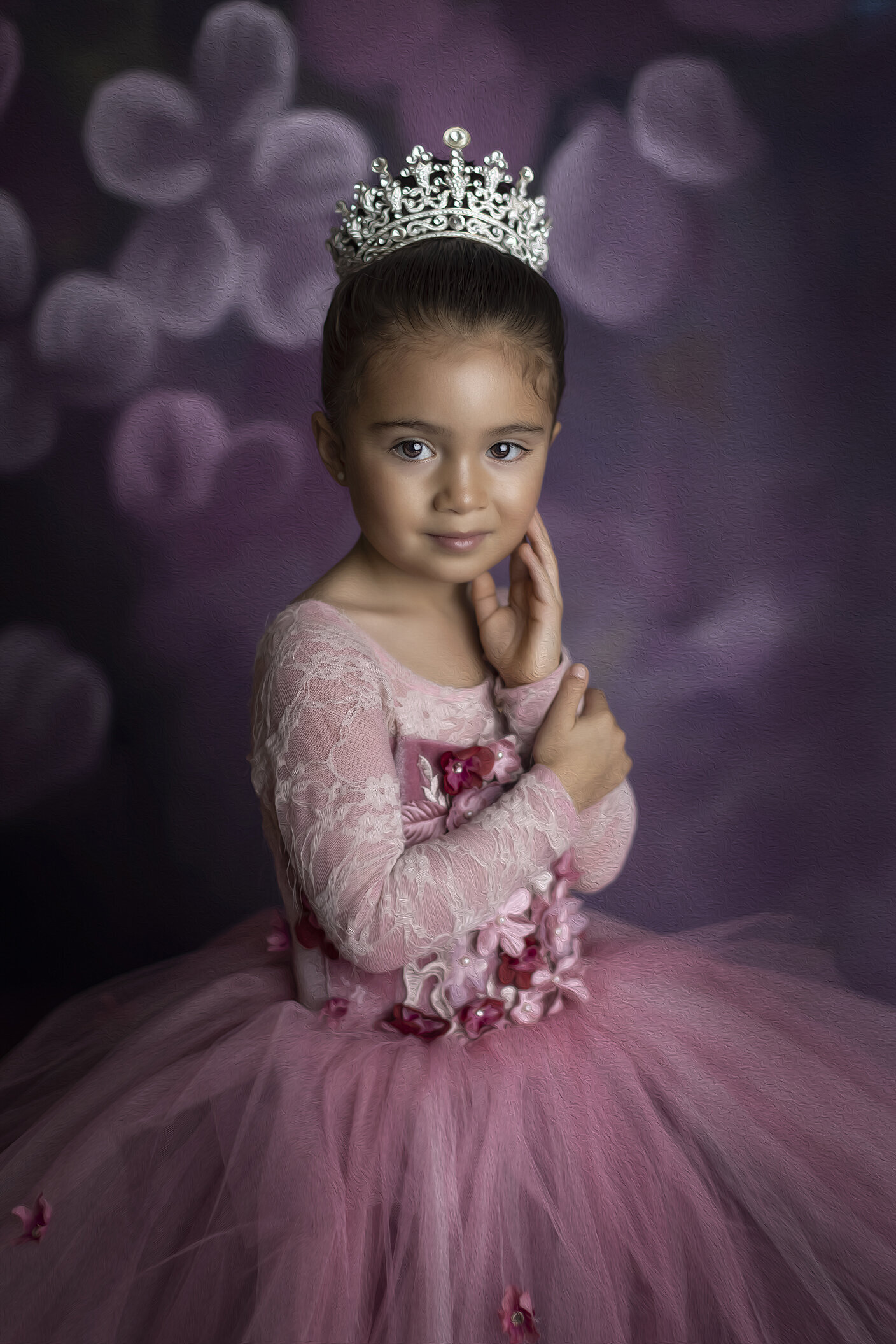 Girl poses in pink couture gown, a Dallas children’s Fine Art photographer.