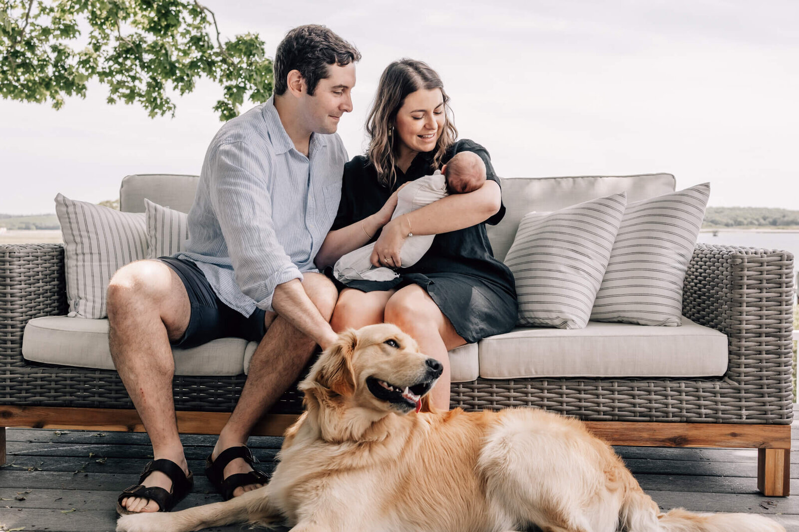 Mom, Dad, Baby, Dog outdoors in backyard in Groton, CT