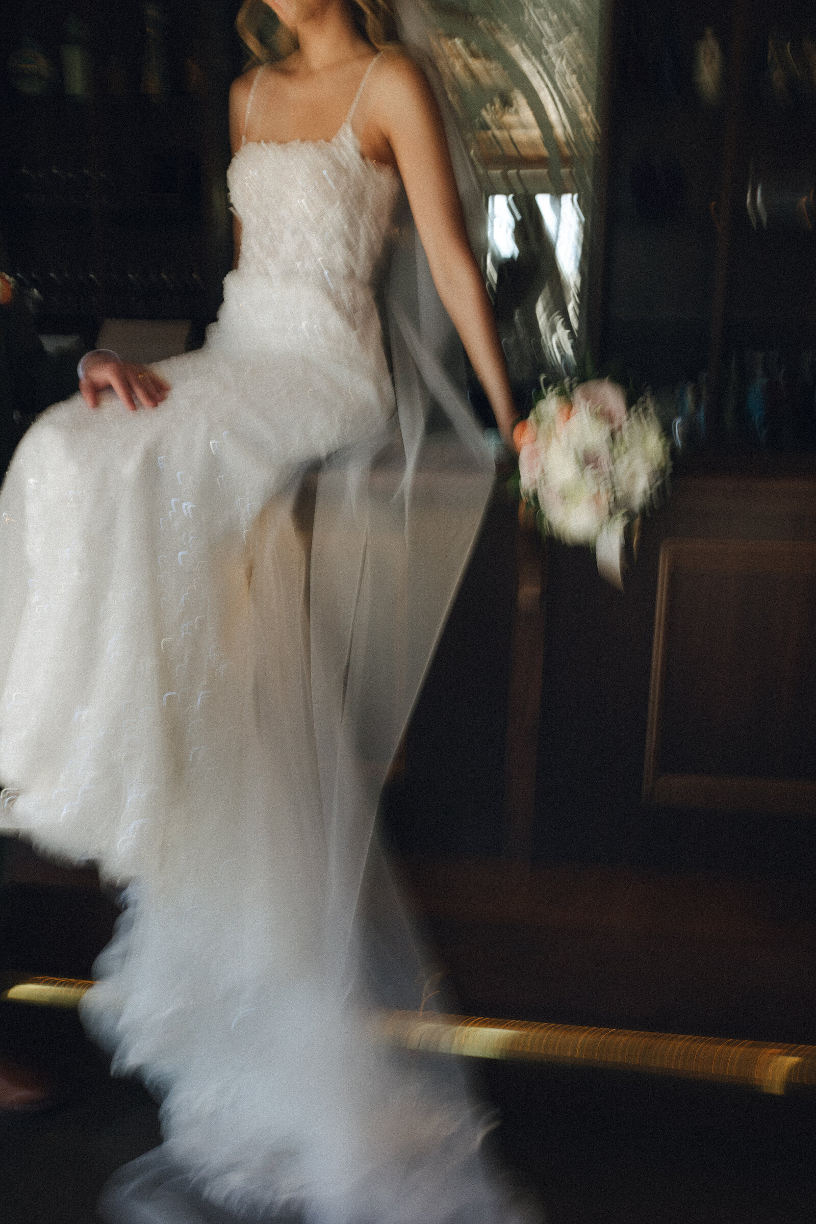 Artsy portrait of bride in the beautiful bar room at Knotting Hills Wedding venue in Pevely MO