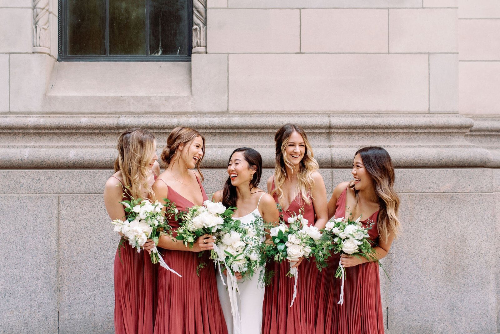 Modern Bride with bridesmaids crimson red dresses by Aritzia editorial wedding at hotel ocho toronto jacqueline james photography