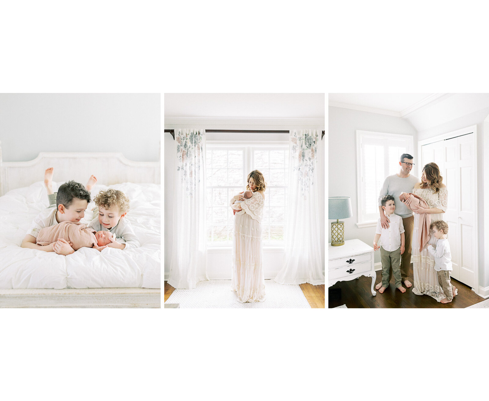 brothers holding newborn baby sister on master bed during newborn photos with NEWBORN PHOTOGRAPHY MADISON WI