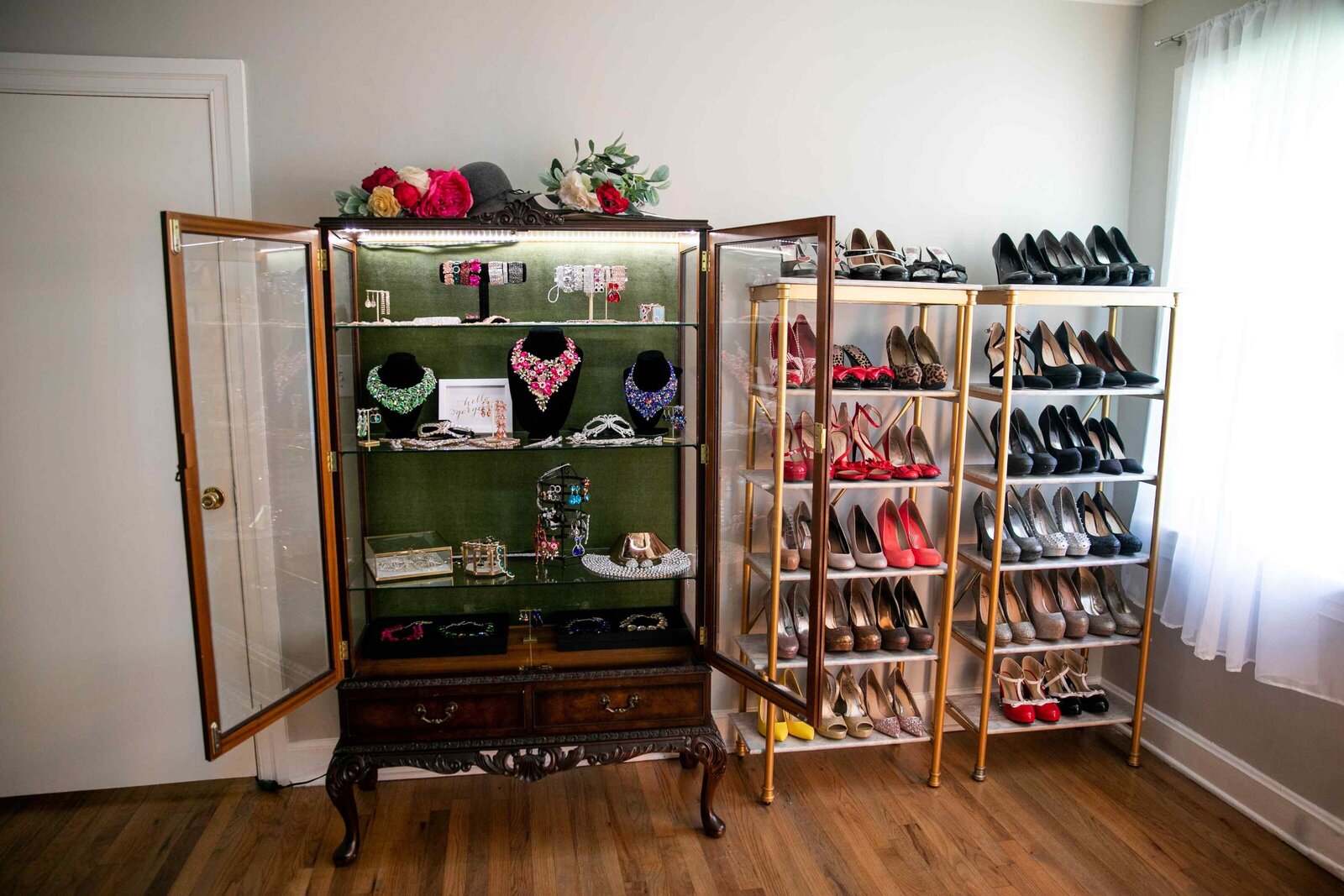 jewelry case and shoe shelves