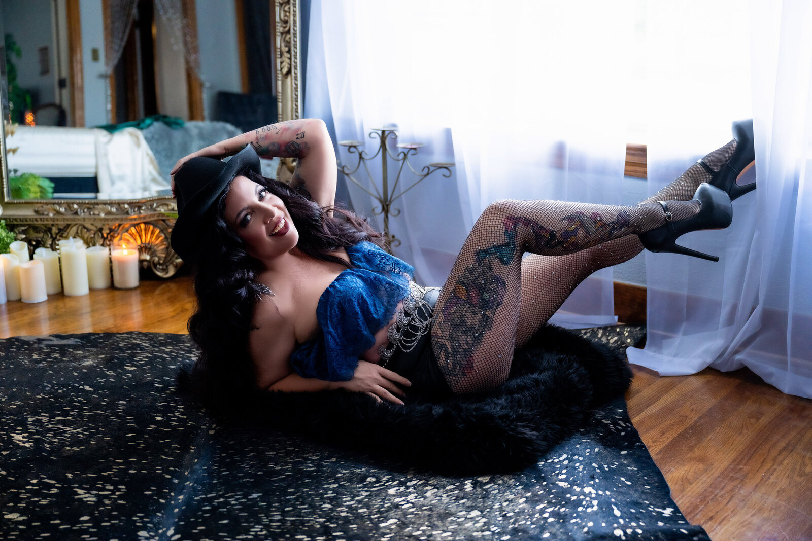 pinup style model in natural light boudoir studio