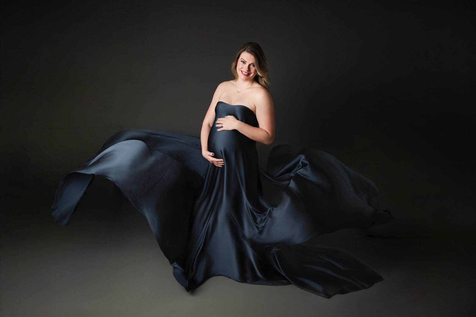 photo shoot in blue gown at Pittsburgh maternity photographer