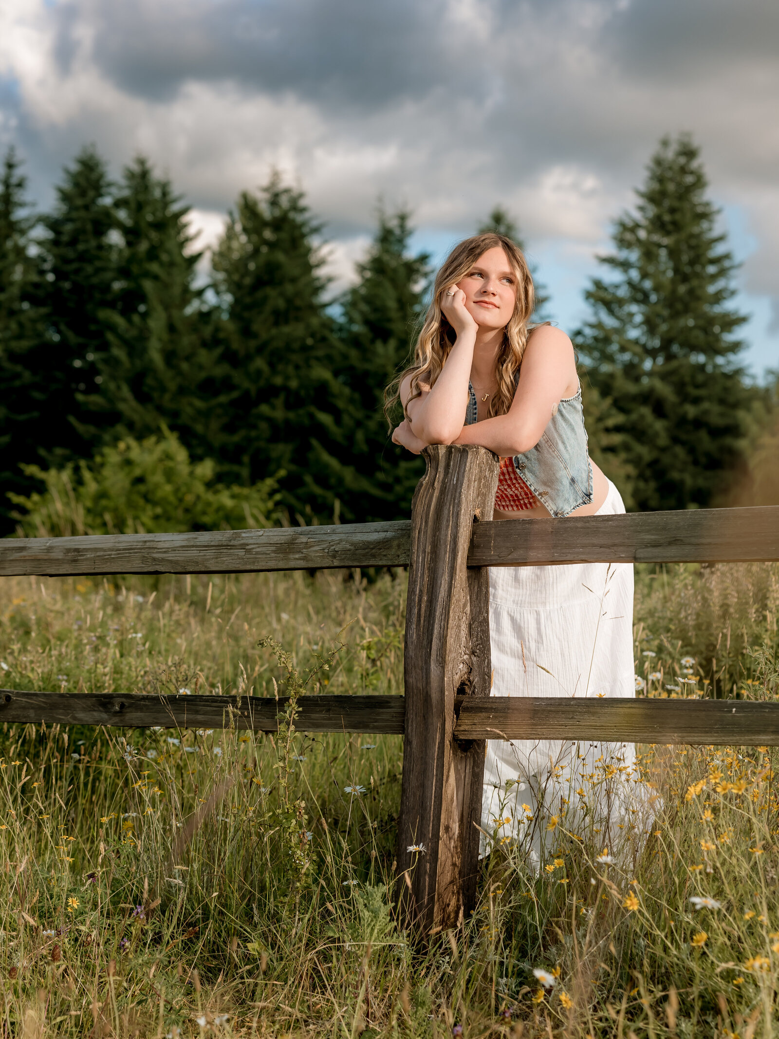 Girl staring in to the sunset leaning against a fence at Powell Butte Nature Park