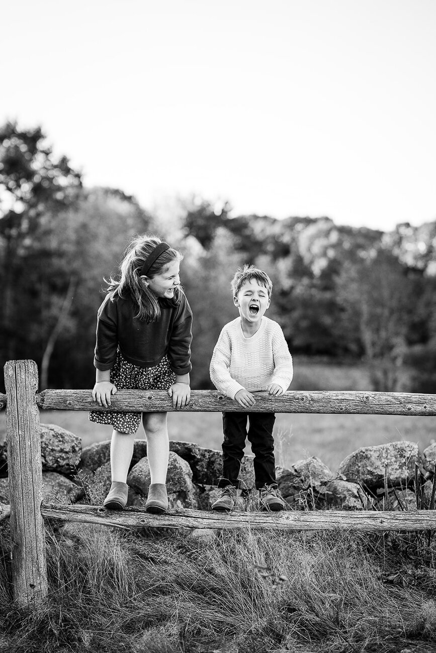siblings stand on split rail fence and laugh together
