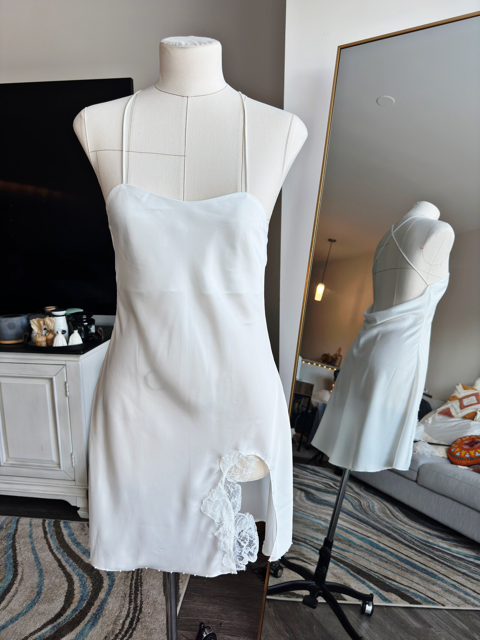 Custom bridal slip featuring handmade pearl and crystal details
