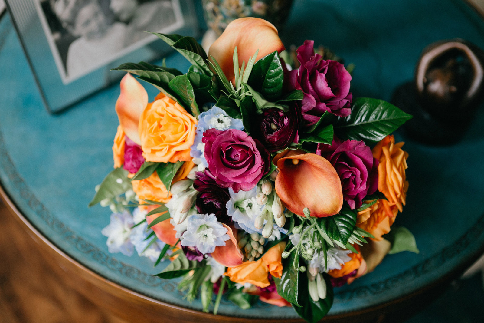 A brightly hued bouquet popped at this winter wedding in Rittenhouse.