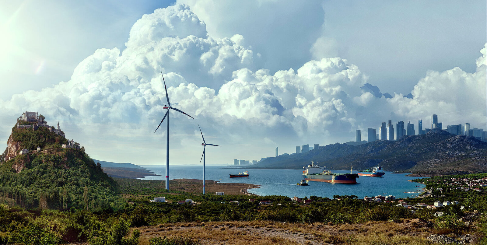 Konzeptionelle Fotomontage mit KI: Windräder, Altstadt auf Hügel, Schiffe und moderne Skyline in einer futuristischen Landschaftsszene.