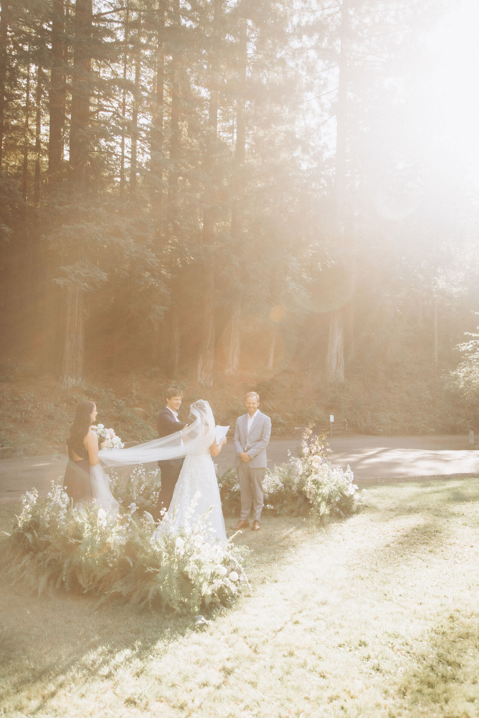 A wedding photoshoot in a sunlit forest clearing, with a bride and groom holding hands, facing a celebrant by an arrangement of lush ferns and foliage.