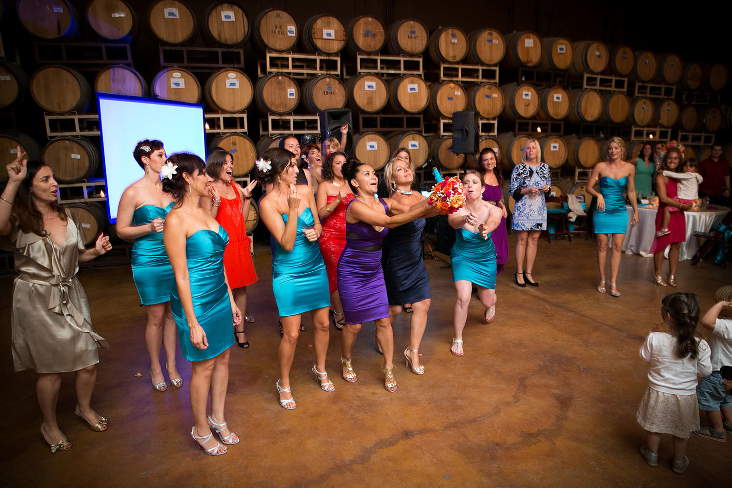 reception space at leoness cellars bouquet toss