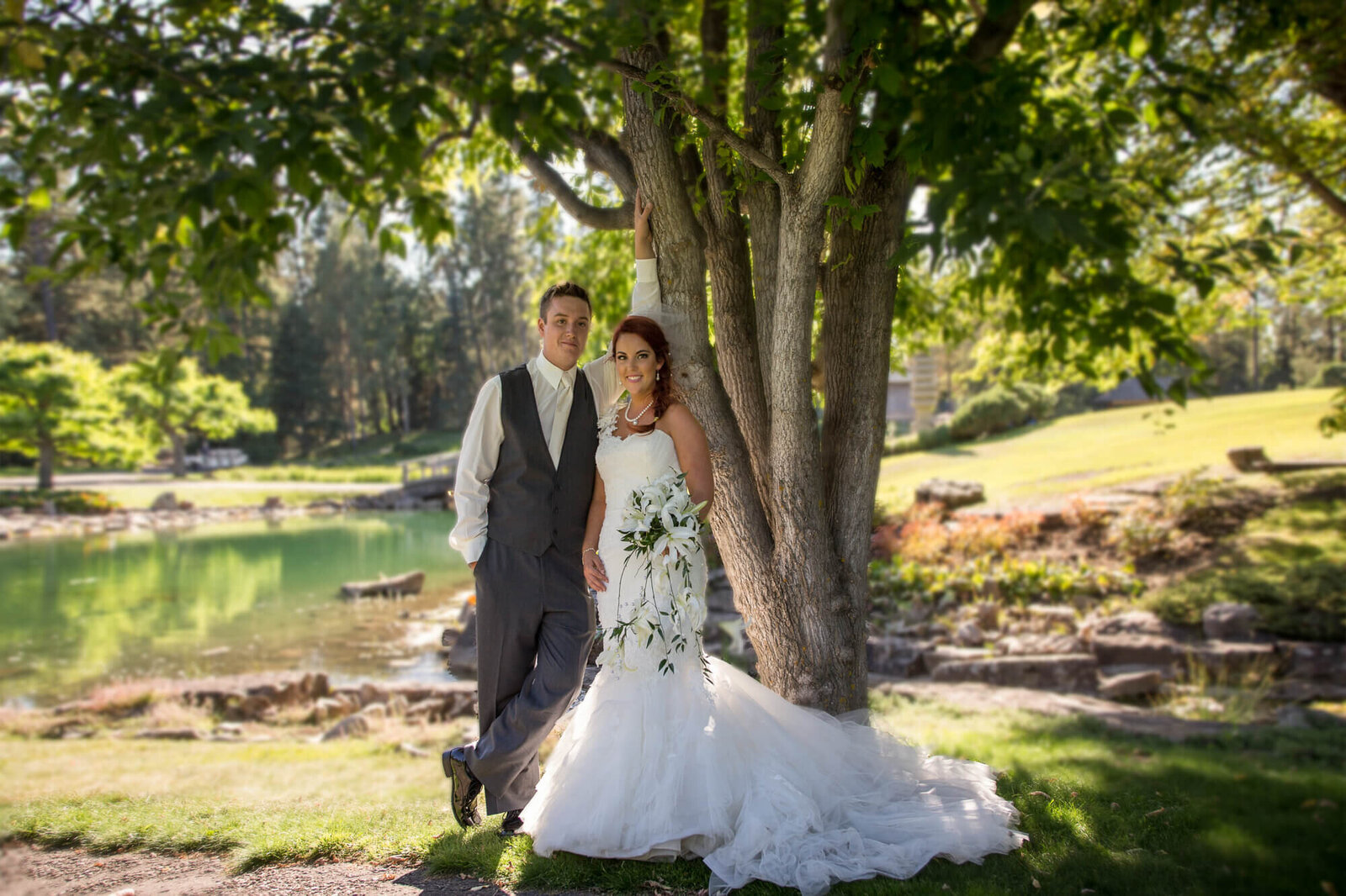 Bride and groom posed in front of tree in Japanese Botanical Gardens Devon