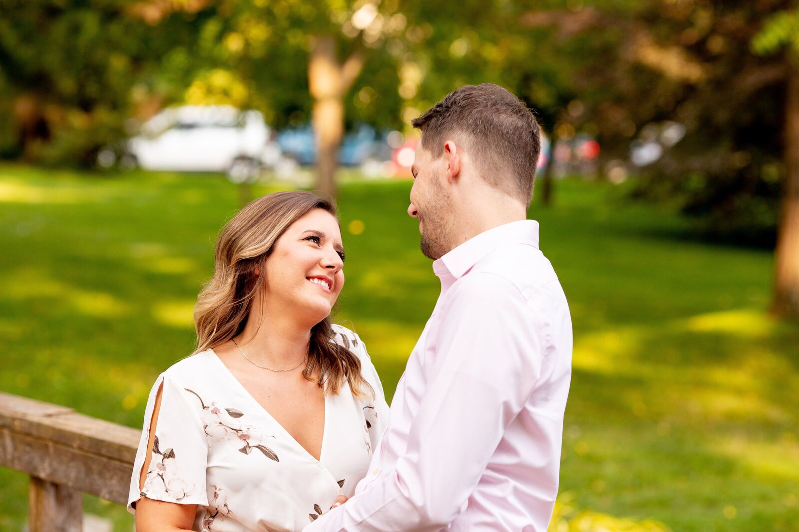 Candid photo of couple during engagement session at Civic Gardens London Ontario.