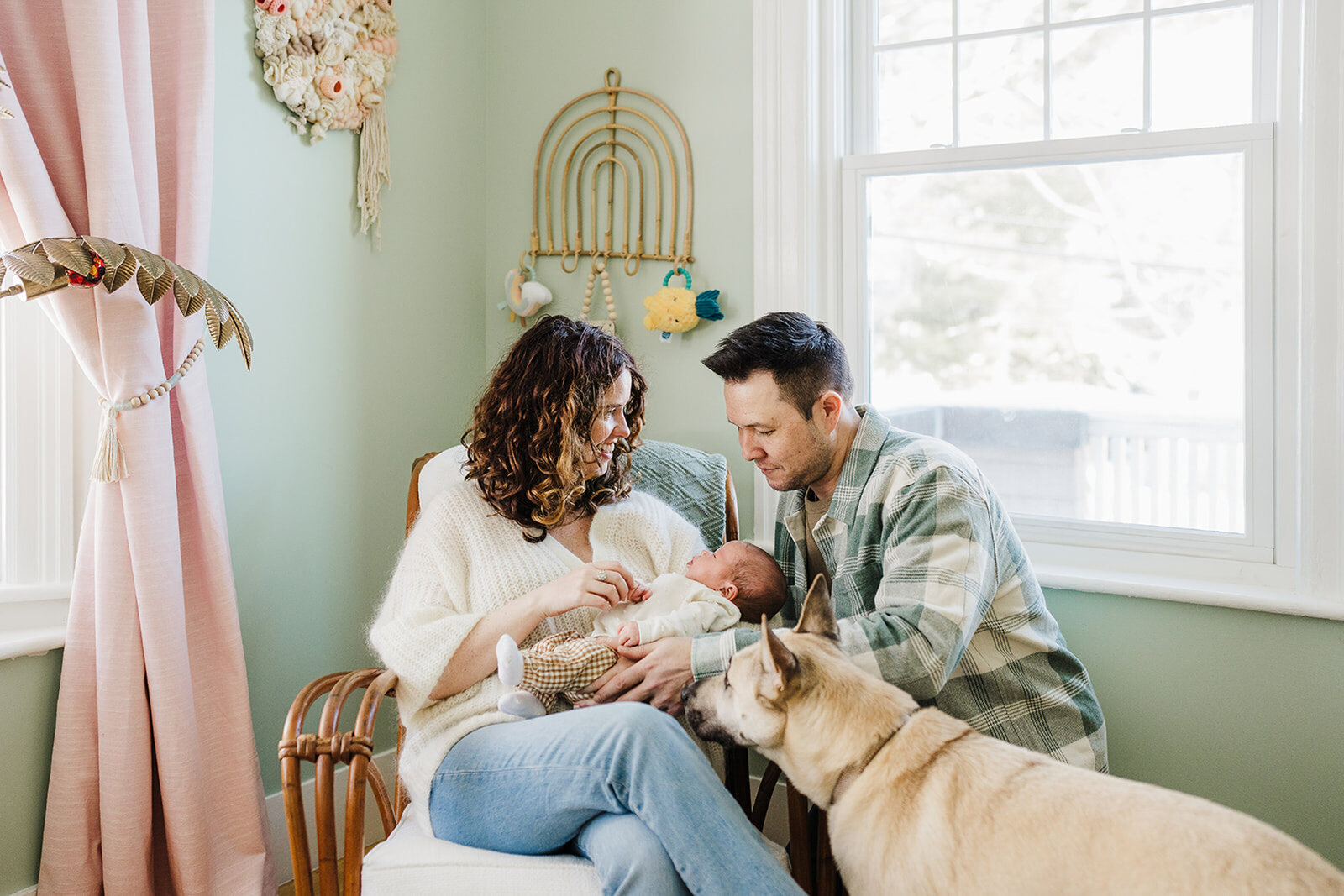 parents with dog and newborn in green nursery