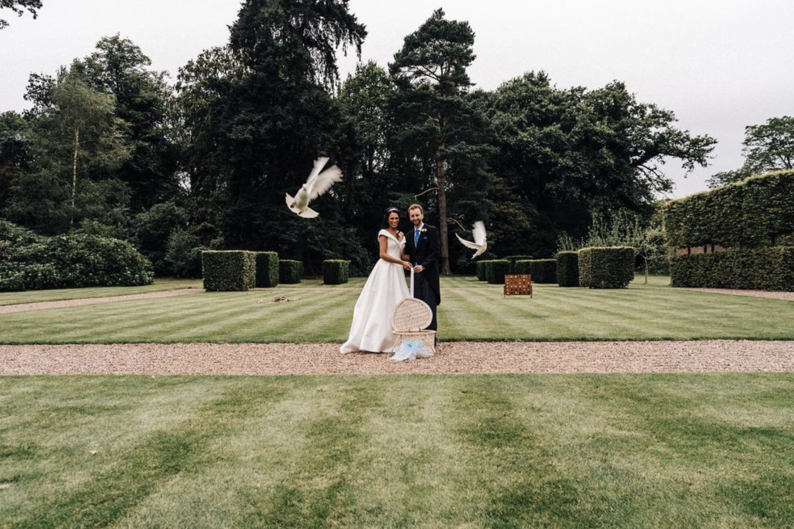 Bride and groom with doves