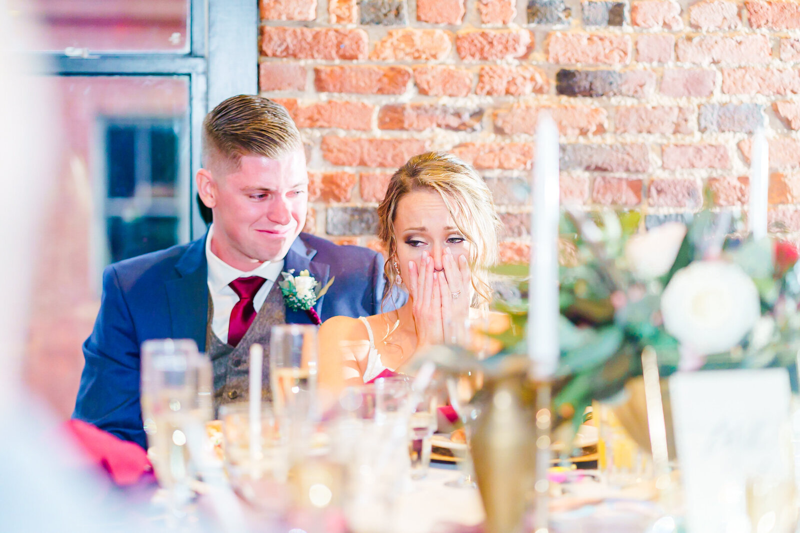Bride crying at New Hampshire at wedding reception