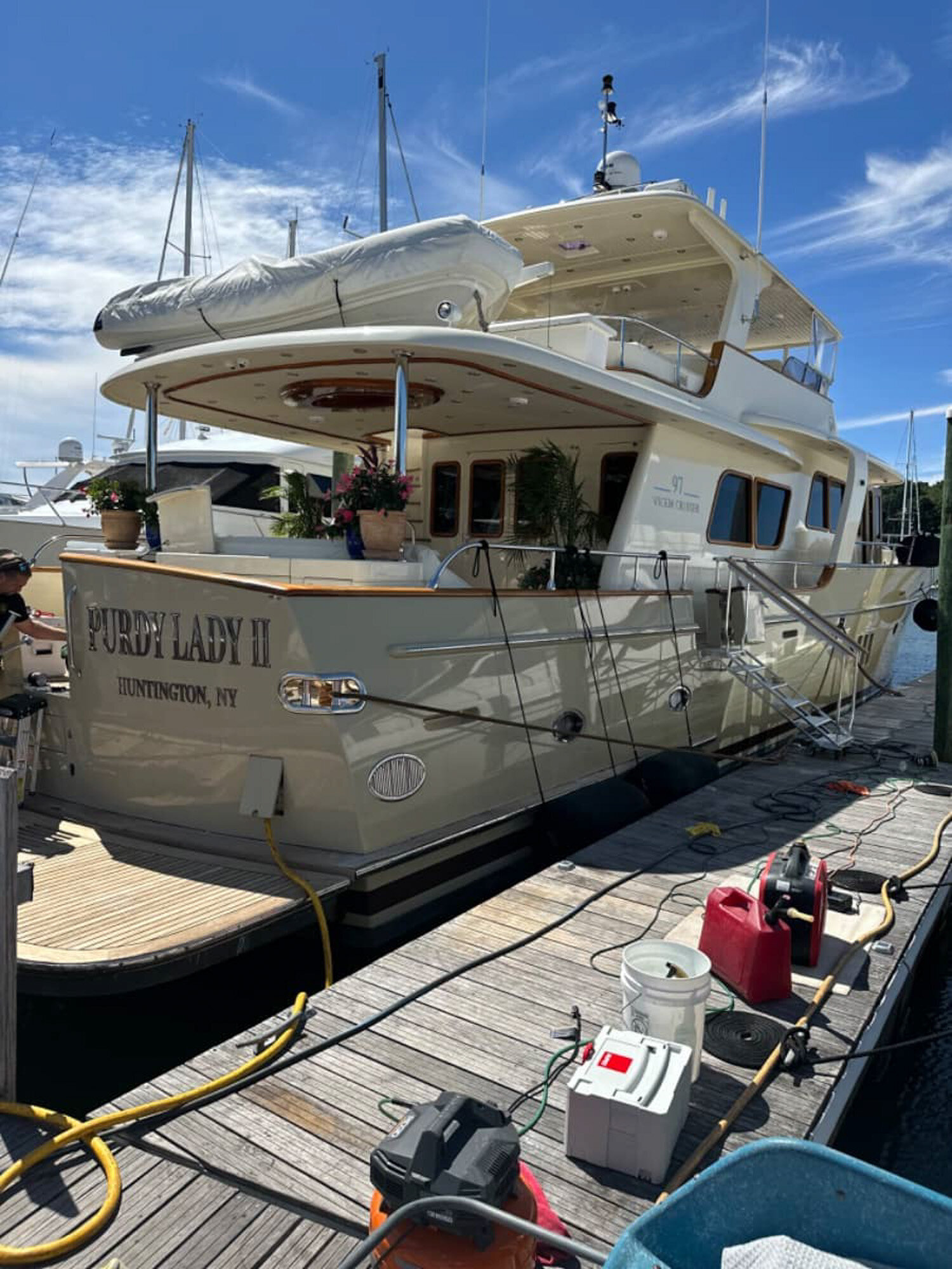 Yacht docked for detailing services