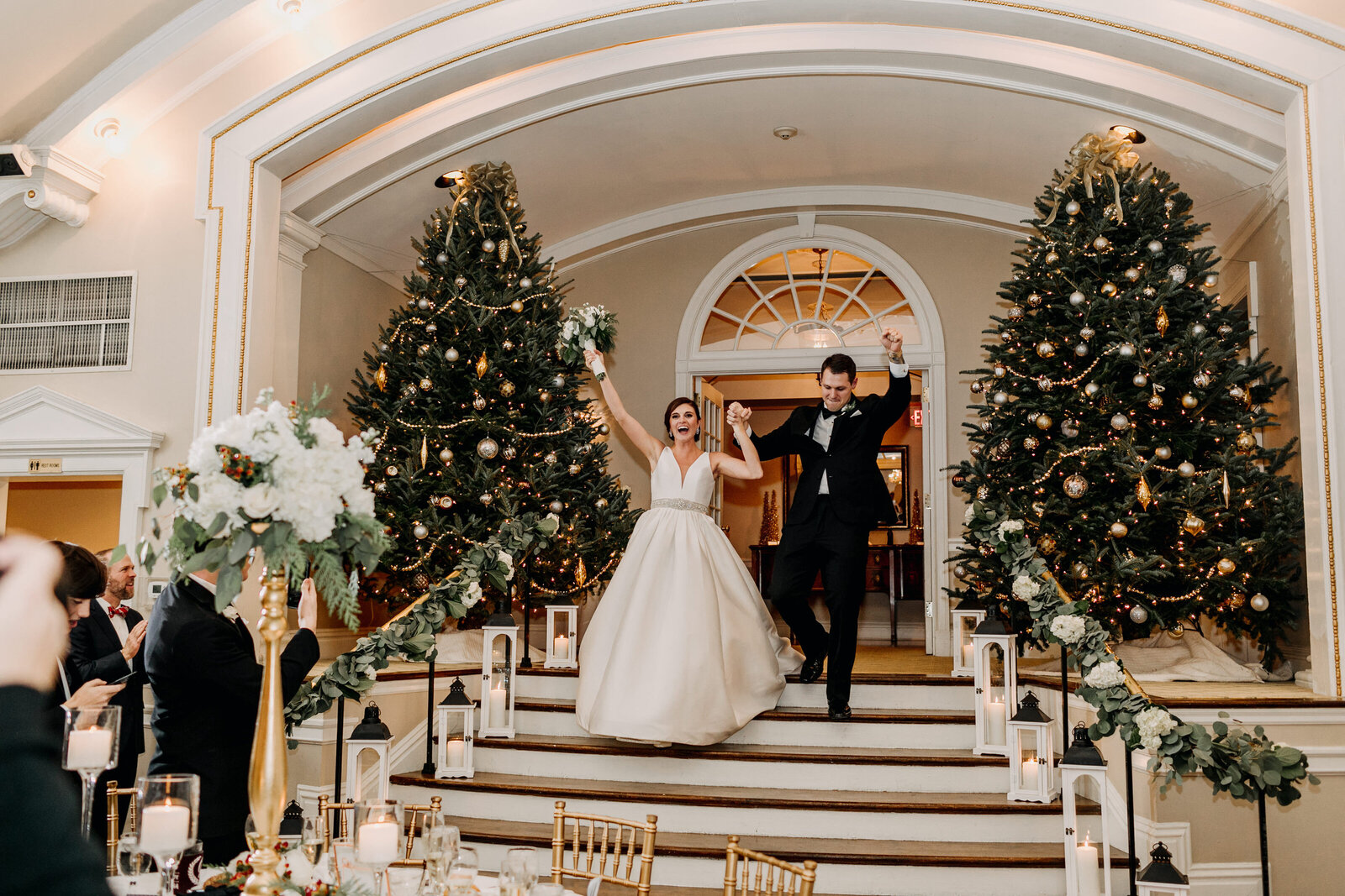 bride and groom entrance winter trees