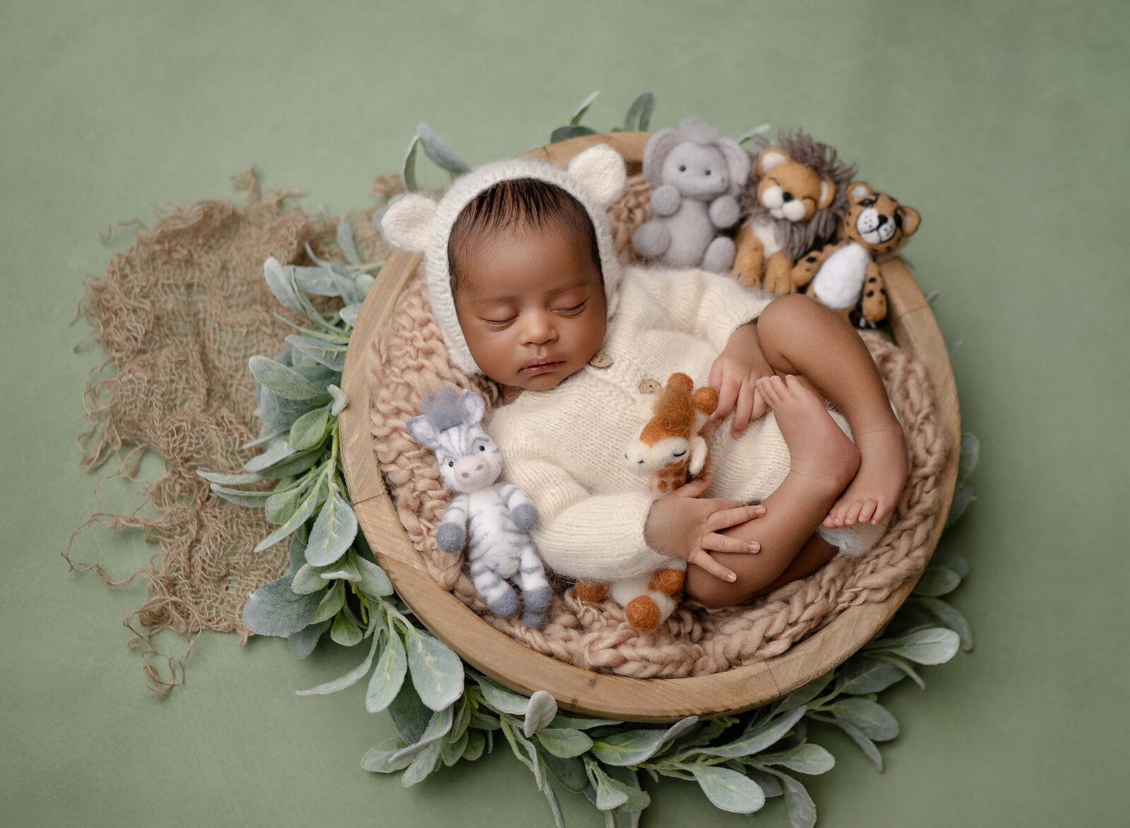 Baby sleeping in wooden bowl with bear bonnet on and surrounded by felted safari animals and greenery. Newborn Photography session photographed at Jenni Nikki's photo studio in Marietta, GA, near Atlanta.