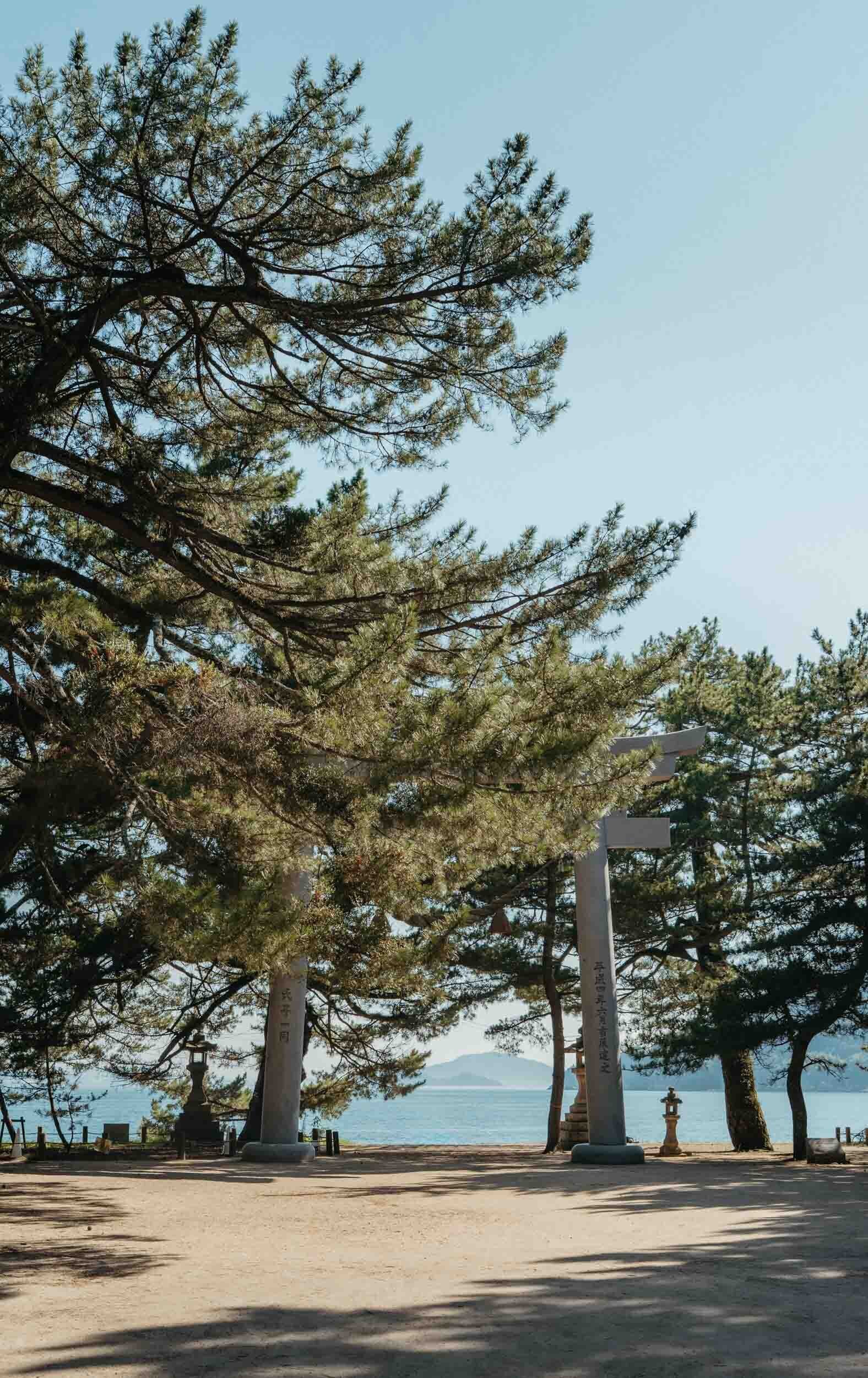 Iconic torii gate near Katsuragahama, standing gracefully against the backdrop of sea and sky.