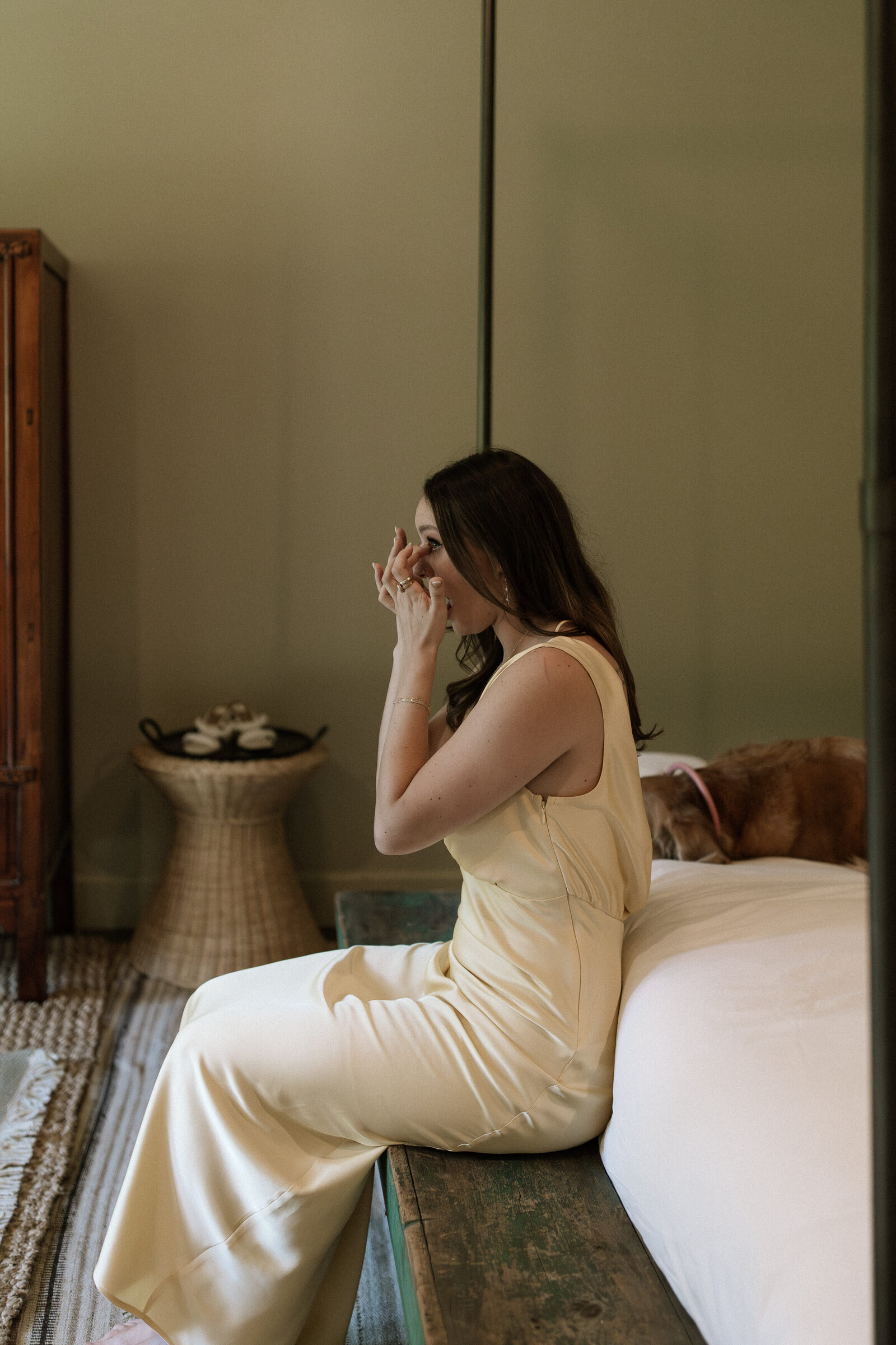 Bridesmaid crying during emotional first look with bride, Dawn Ranch wedding photographer