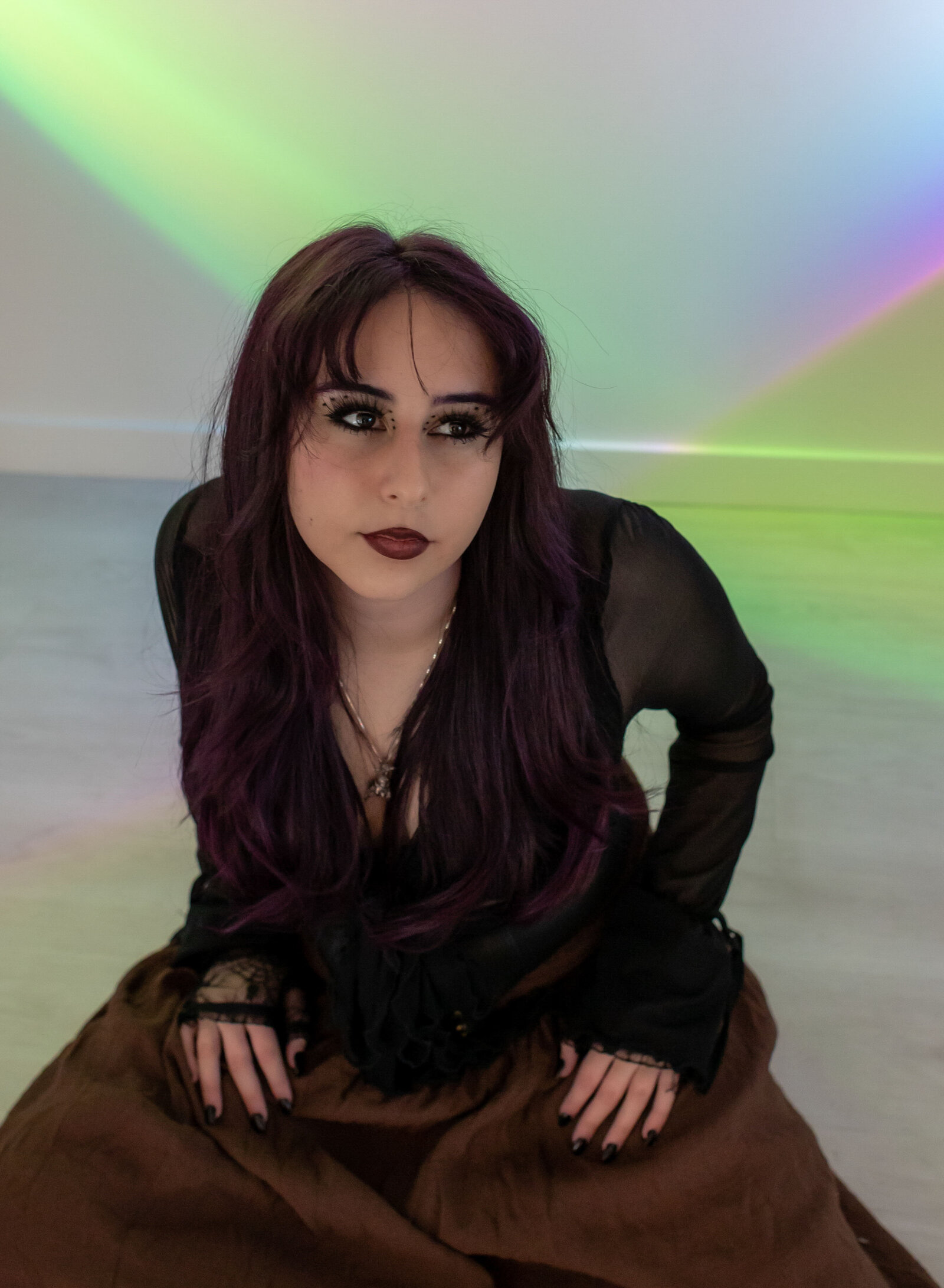 goth senior girl with rainbow lights