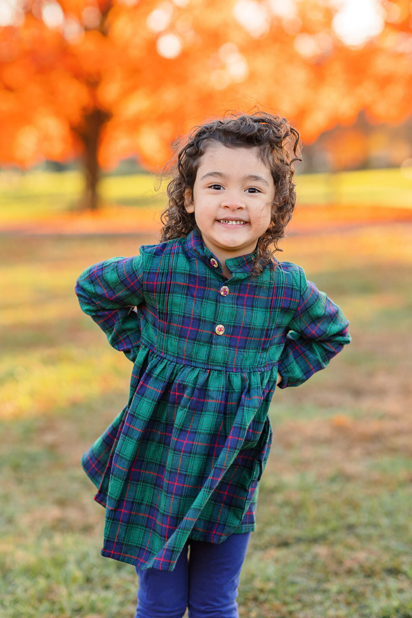 A little girl posing and smiling among the fall foliage