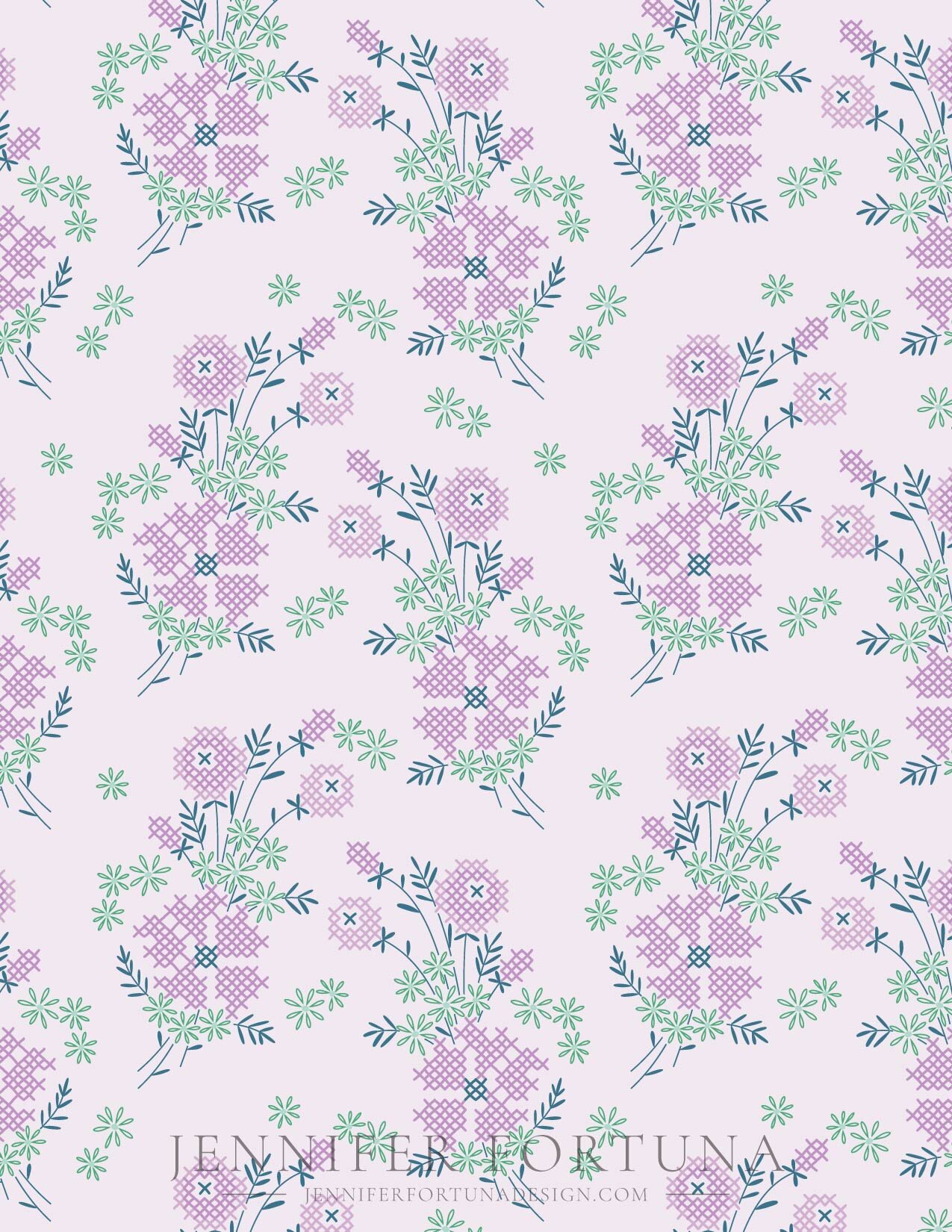 All over pattern of cross stitched mini bouquets of flowers.